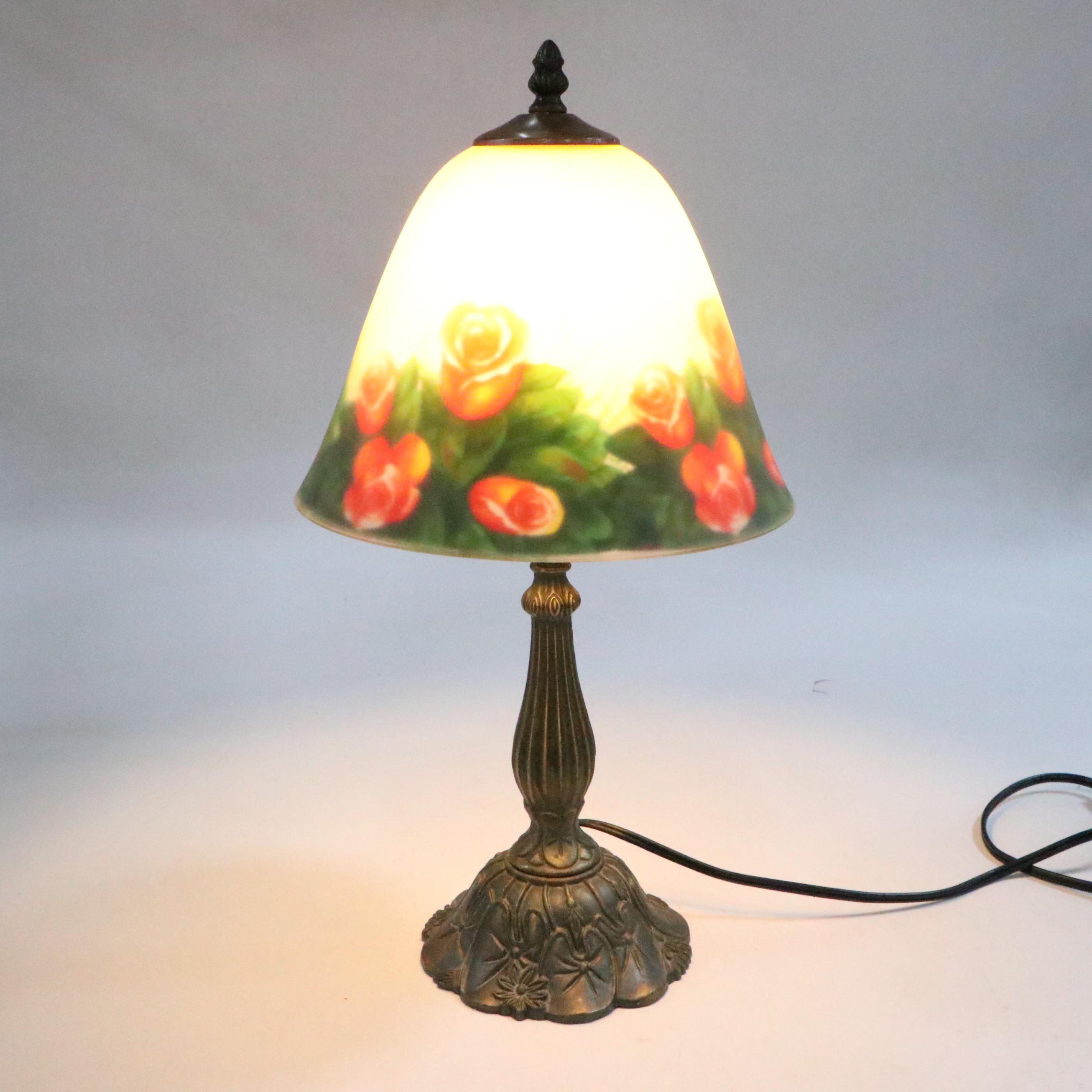 Pressed Metal Accent Lamp with Reverse Painted Glass Shade, 1999