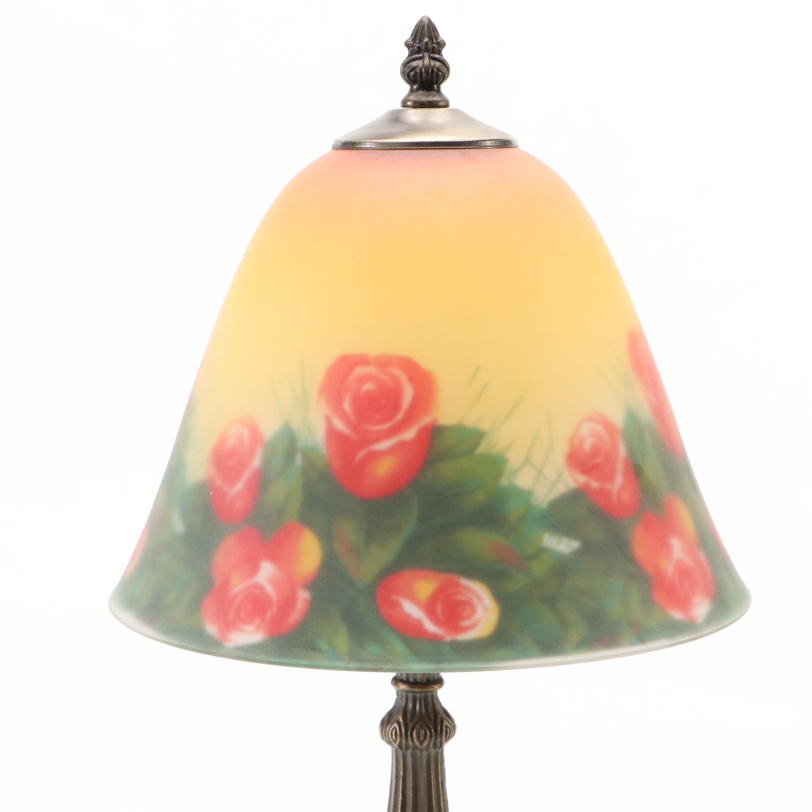 Pressed Metal Accent Lamp with Reverse Painted Glass Shade, 1999