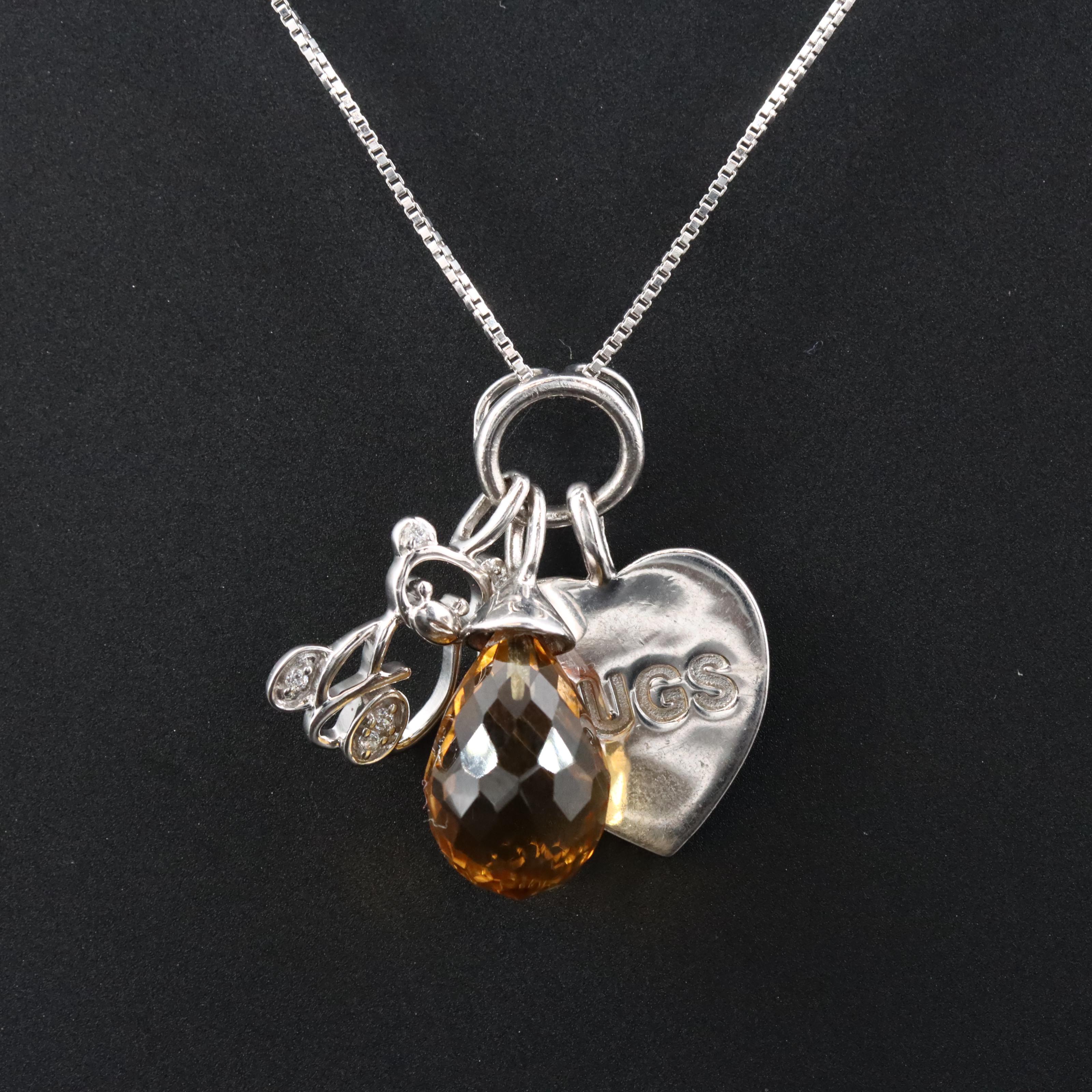 Sterling Citrine, "Hugs" Heart and Bear Necklace with White Sapphire and CZ