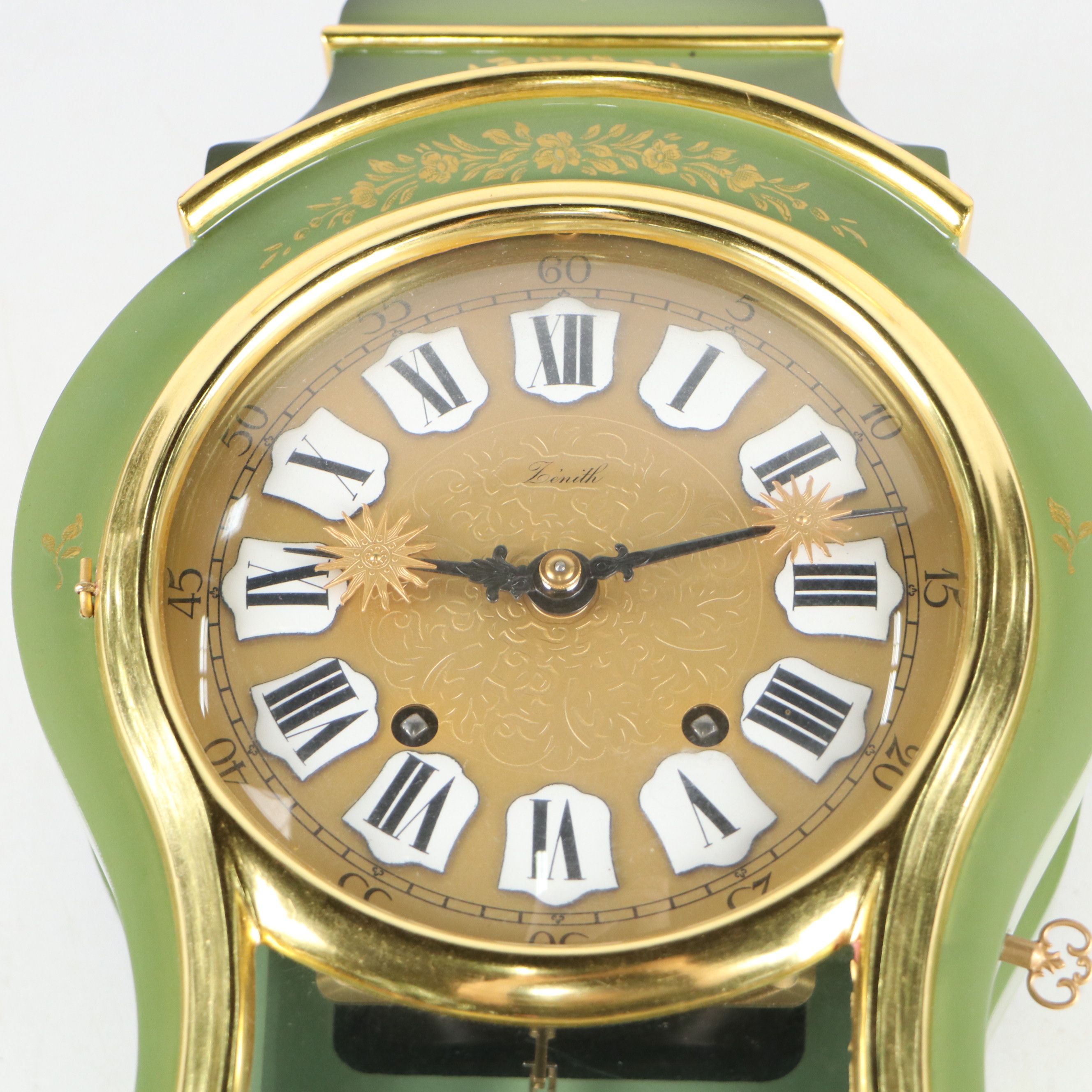 Zenith Sage Green Gold Gilt Floral Decorated Wood Mantel Clock with Shelf