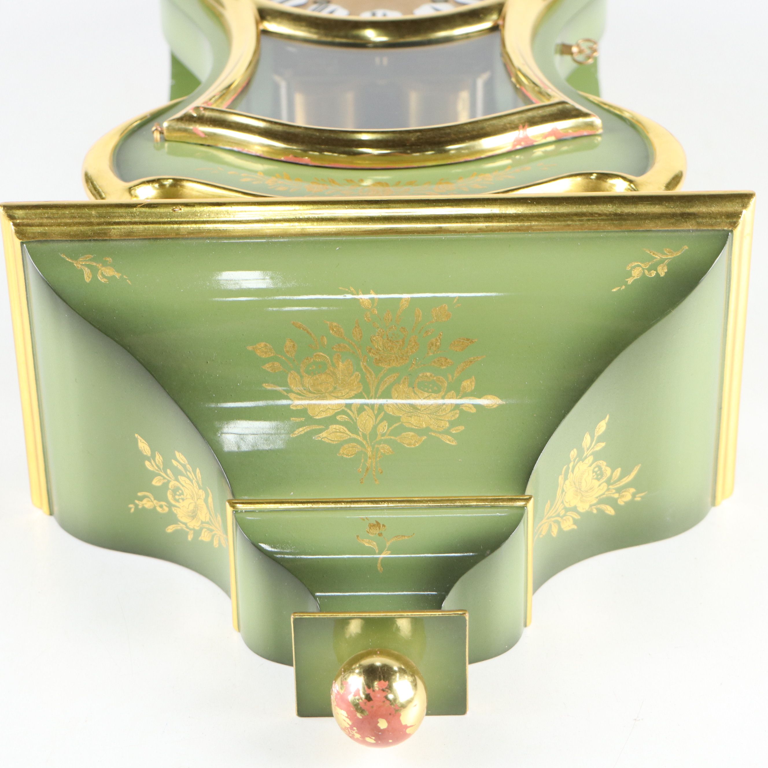 Zenith Sage Green Gold Gilt Floral Decorated Wood Mantel Clock with Shelf