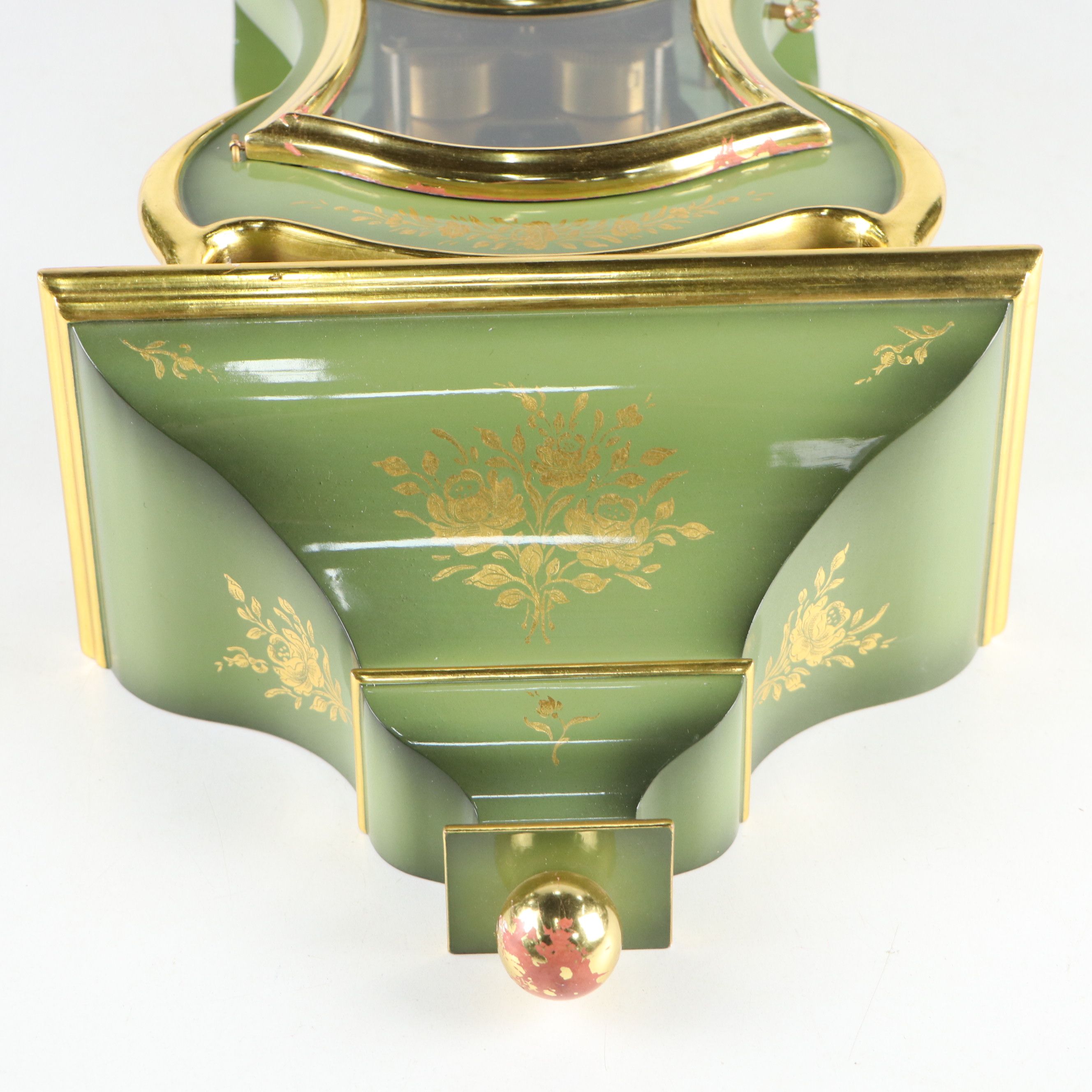 Zenith Sage Green Gold Gilt Floral Decorated Wood Mantel Clock with Shelf