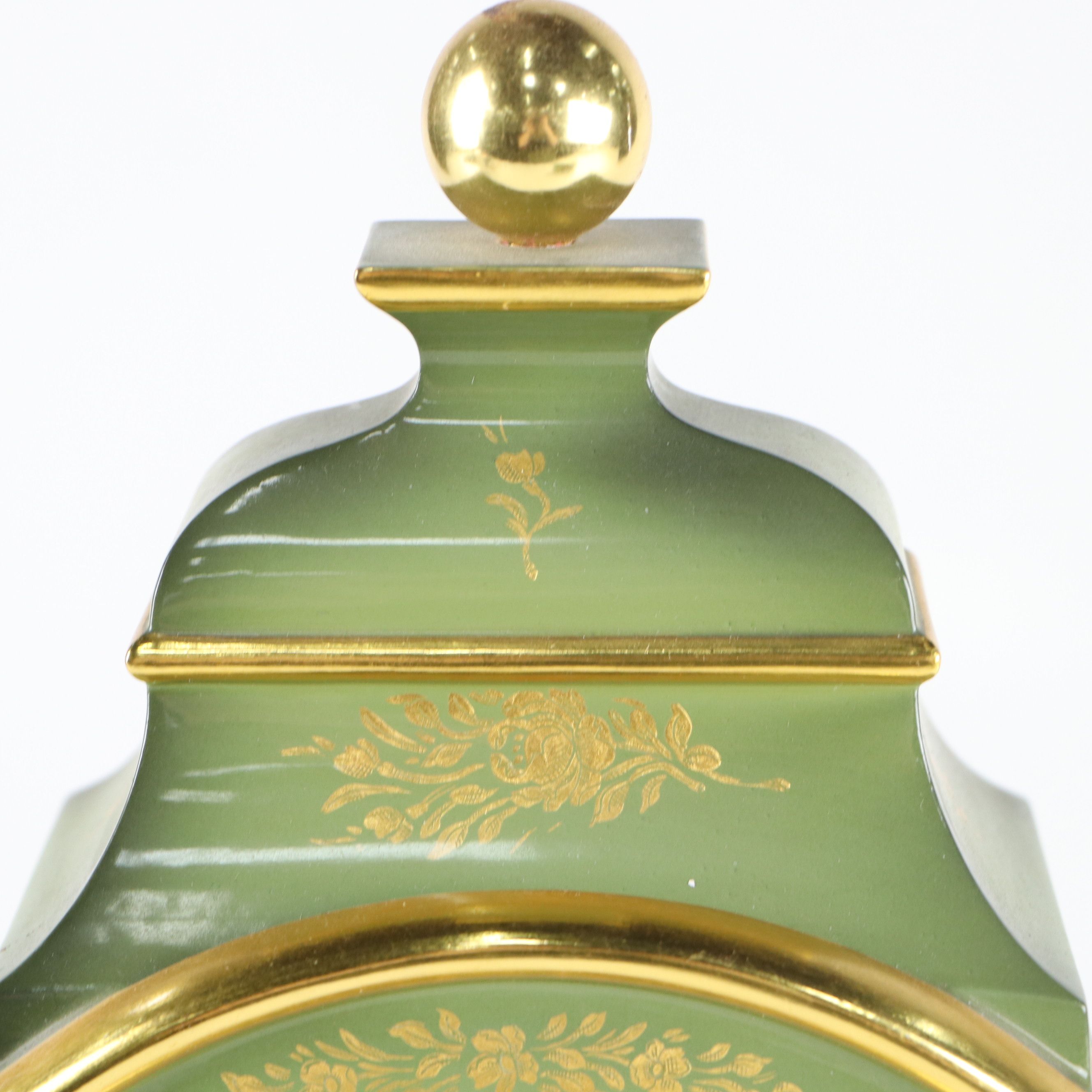 Zenith Sage Green Gold Gilt Floral Decorated Wood Mantel Clock with Shelf