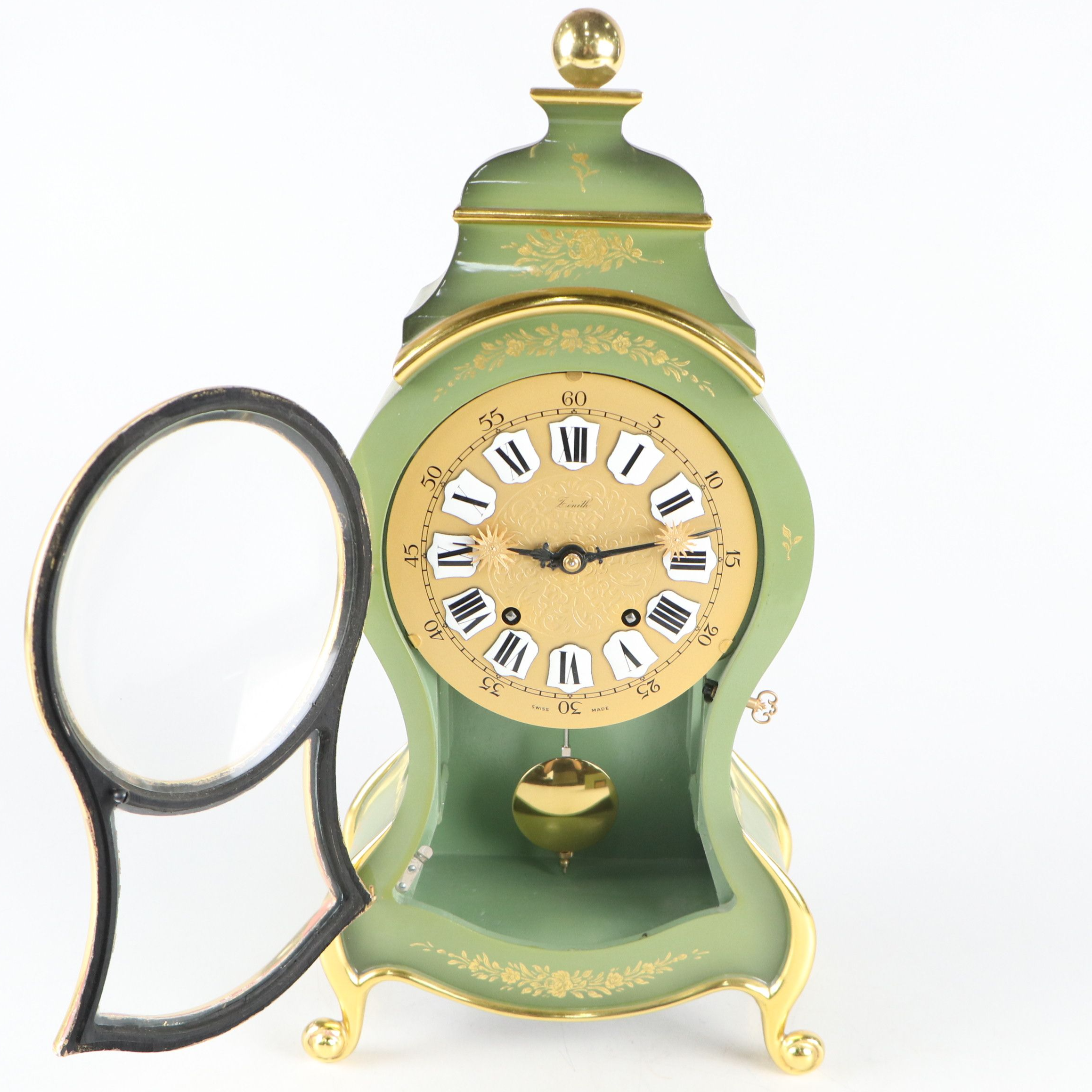 Zenith Sage Green Gold Gilt Floral Decorated Wood Mantel Clock with Shelf