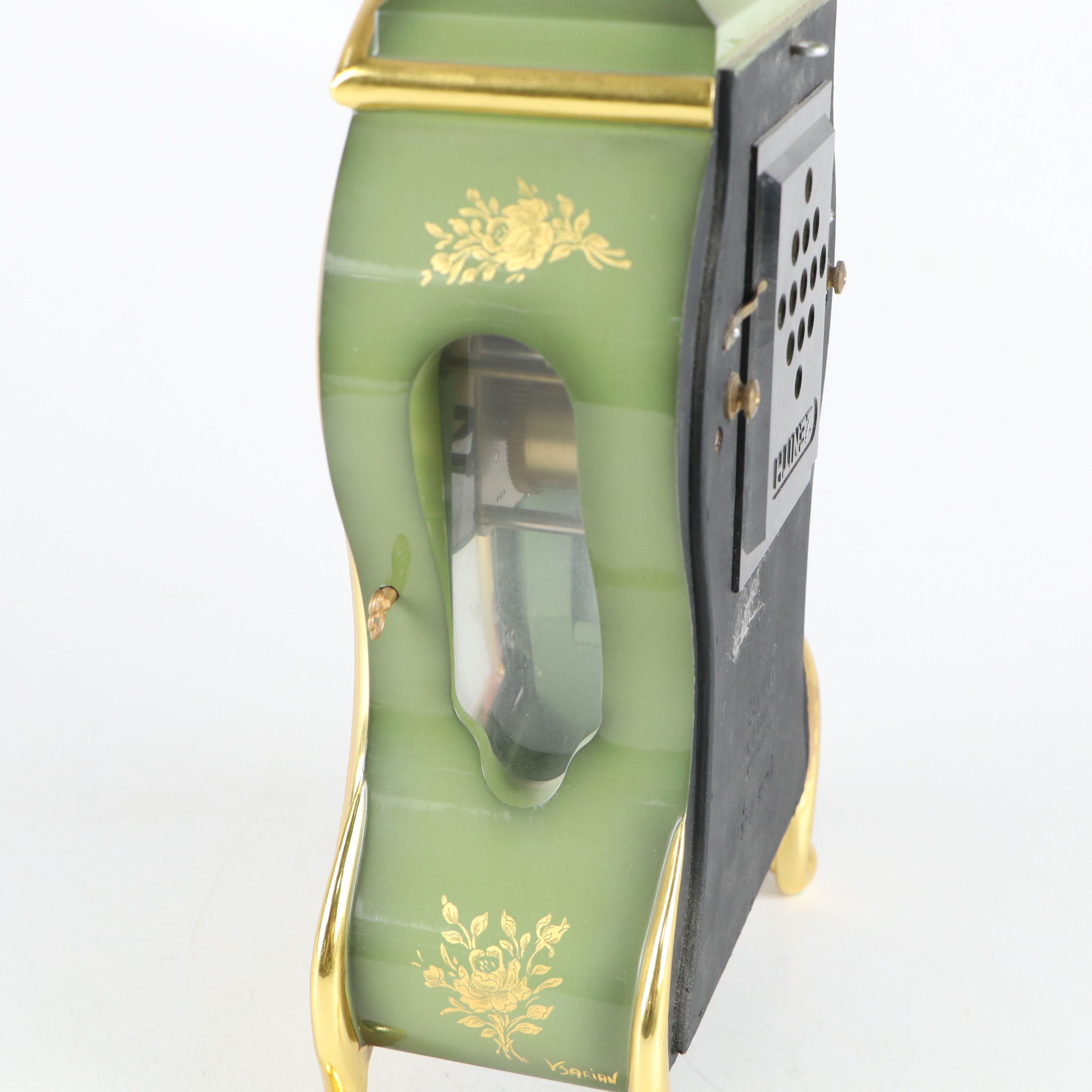 Zenith Sage Green Gold Gilt Floral Decorated Wood Mantel Clock with Shelf