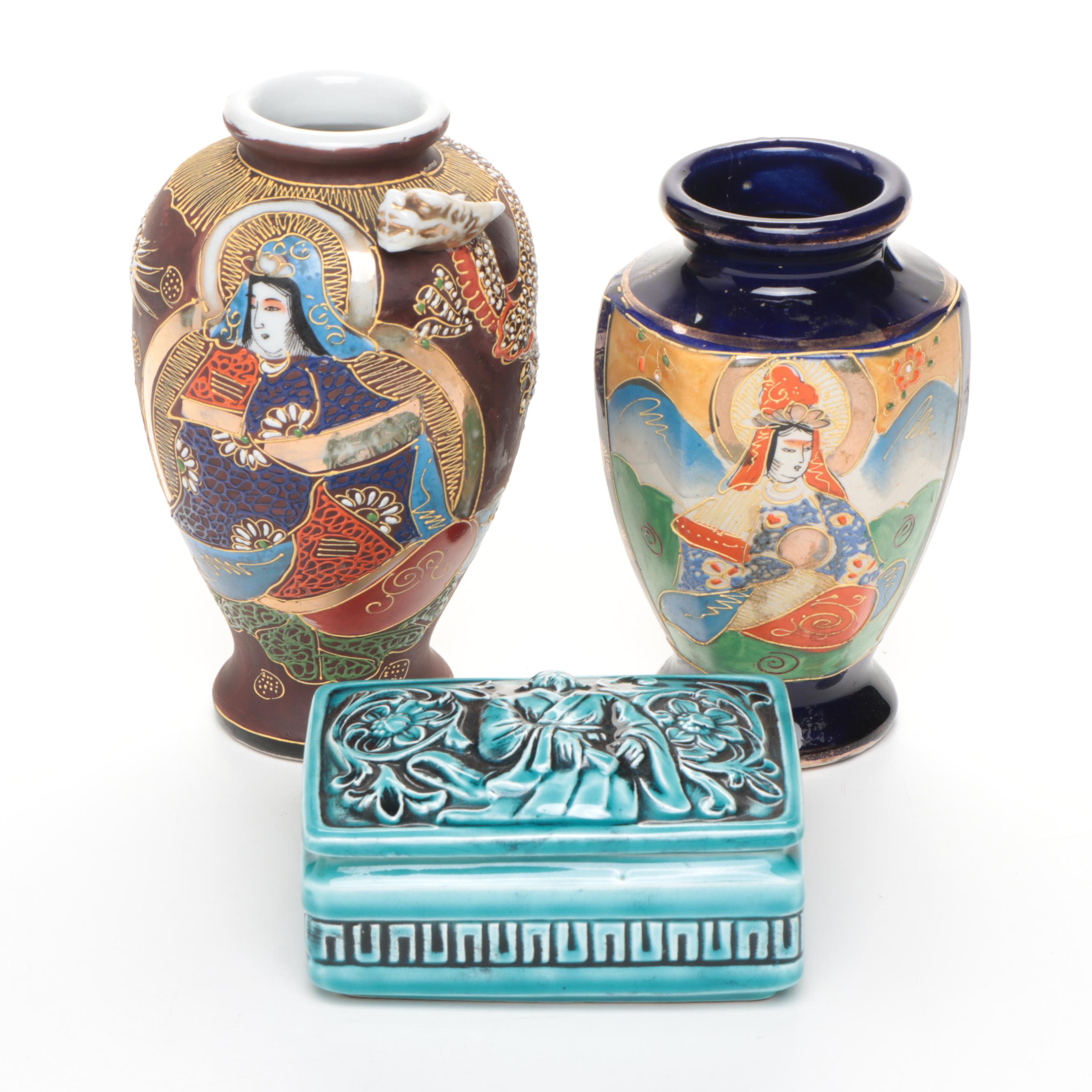 Japanese Porcelain Satsuma Vases, Kayco Japanese Dynasty Series Teal Box