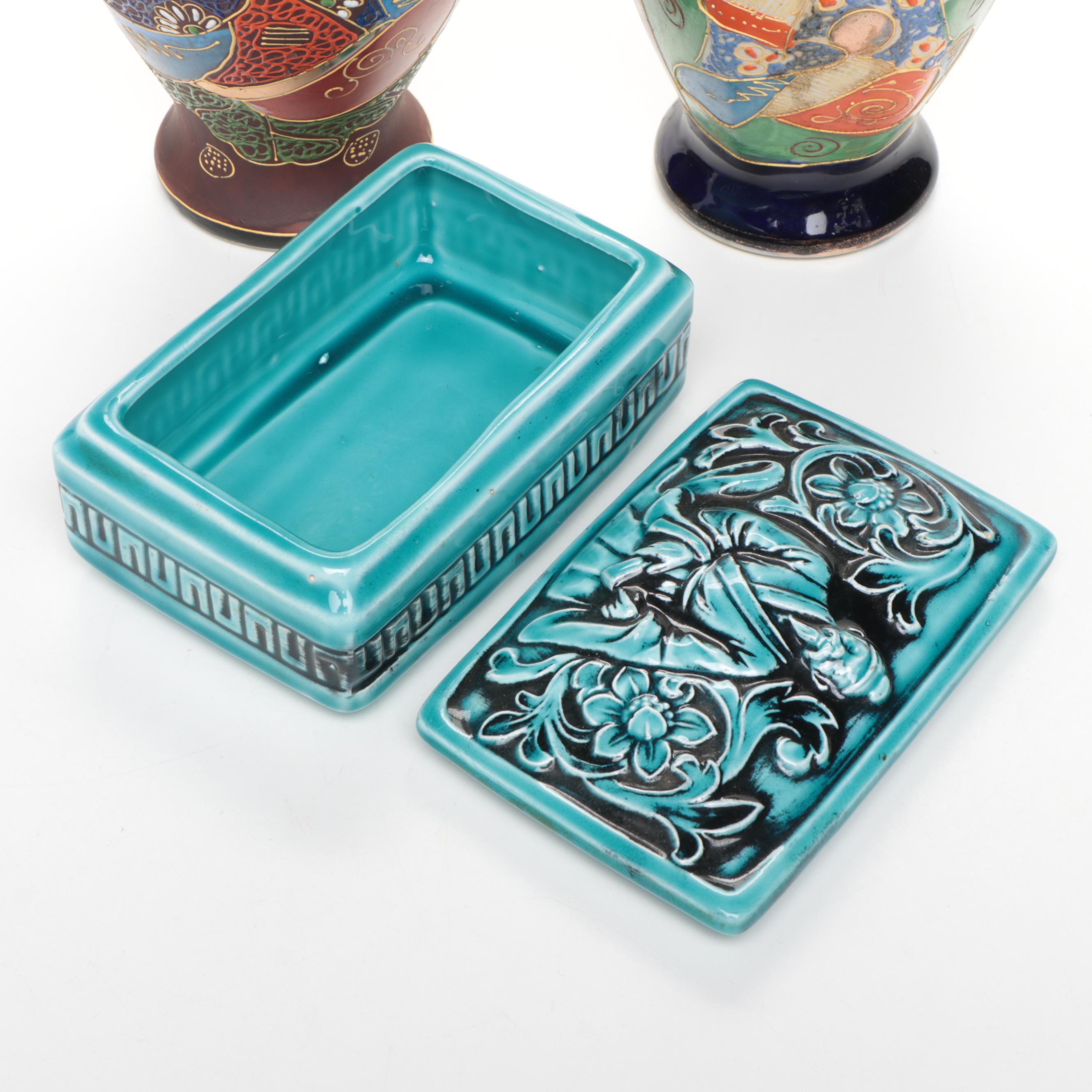 Japanese Porcelain Satsuma Vases, Kayco Japanese Dynasty Series Teal Box