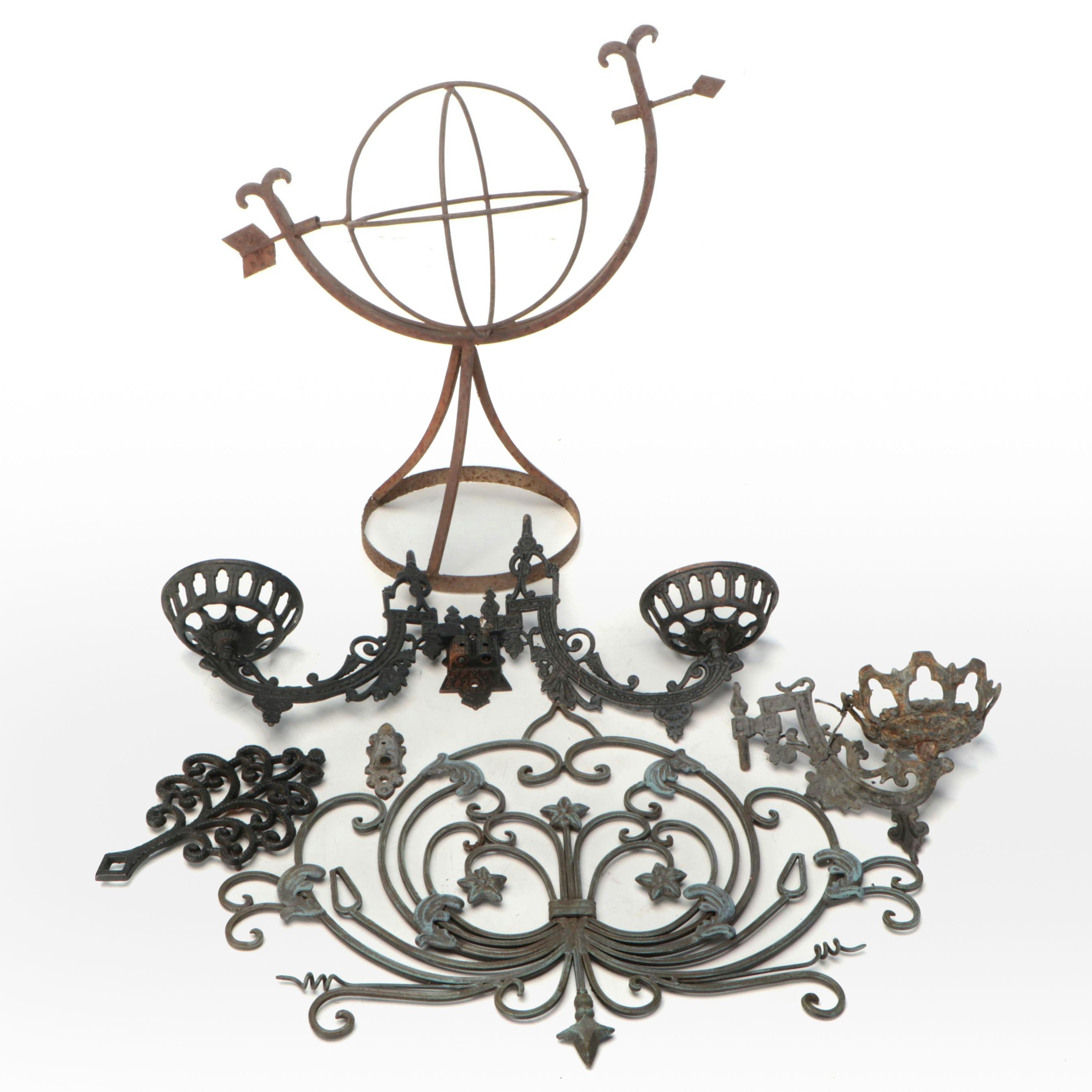 Victorian Iron Oil Lamp Wall Brackets, Trivet, and More Metal Décor