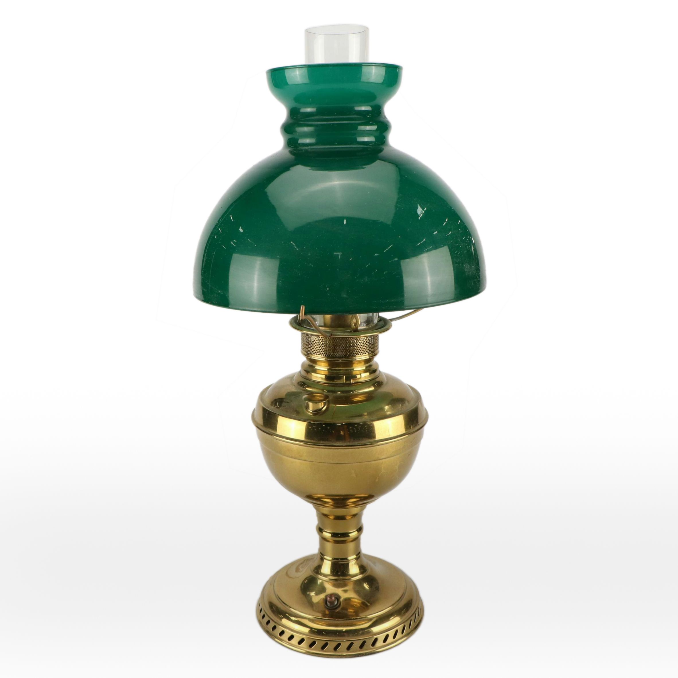 Victorian Brass Oil Parlor Lamp with Cased Green Glass Shade, Adapted Mid-20th C