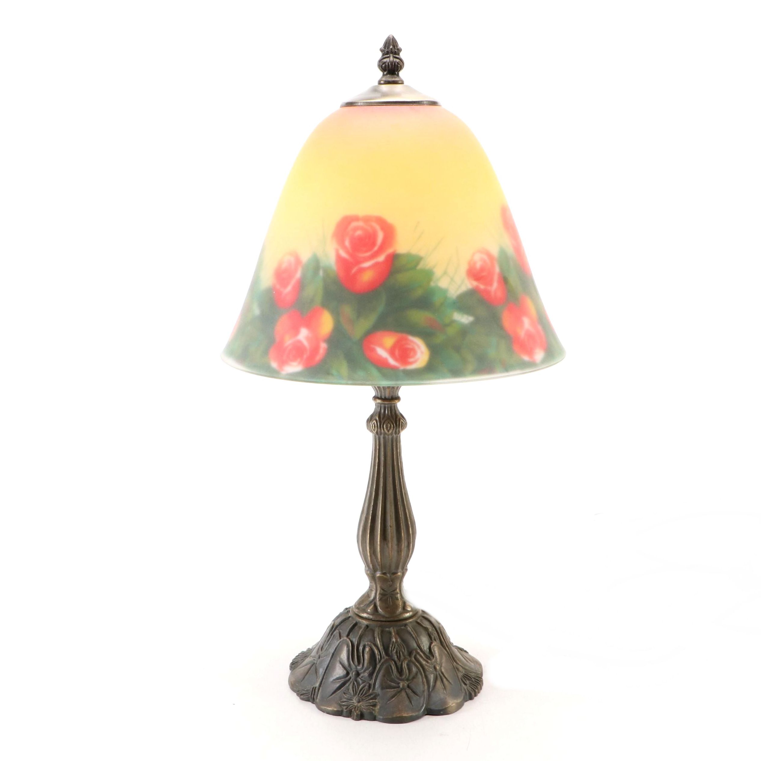 Pressed Metal Accent Lamp with Reverse Painted Glass Shade, 1999