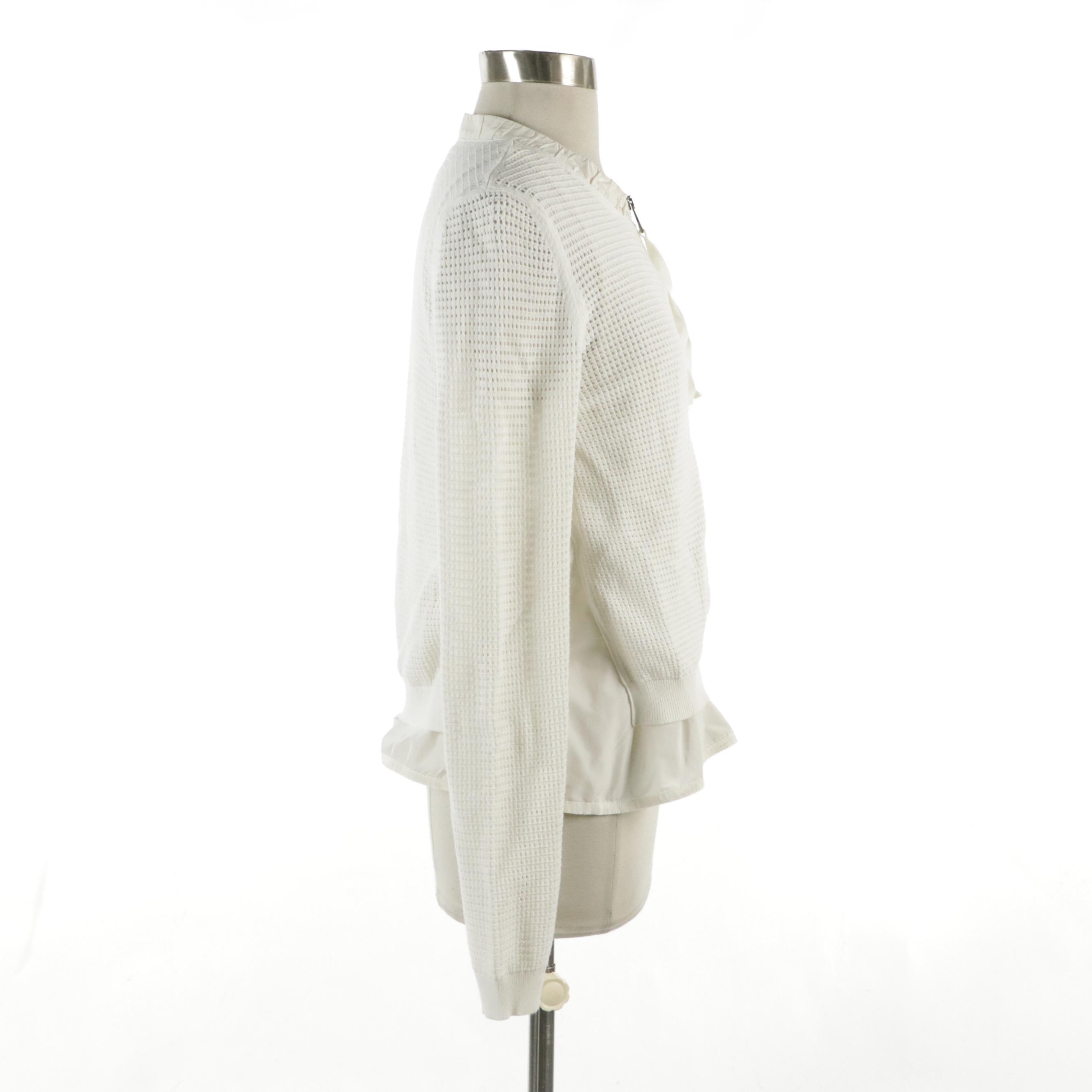 Moncler Cardigan-Layered Zip Jacket in White Nylon and Polyester Knit