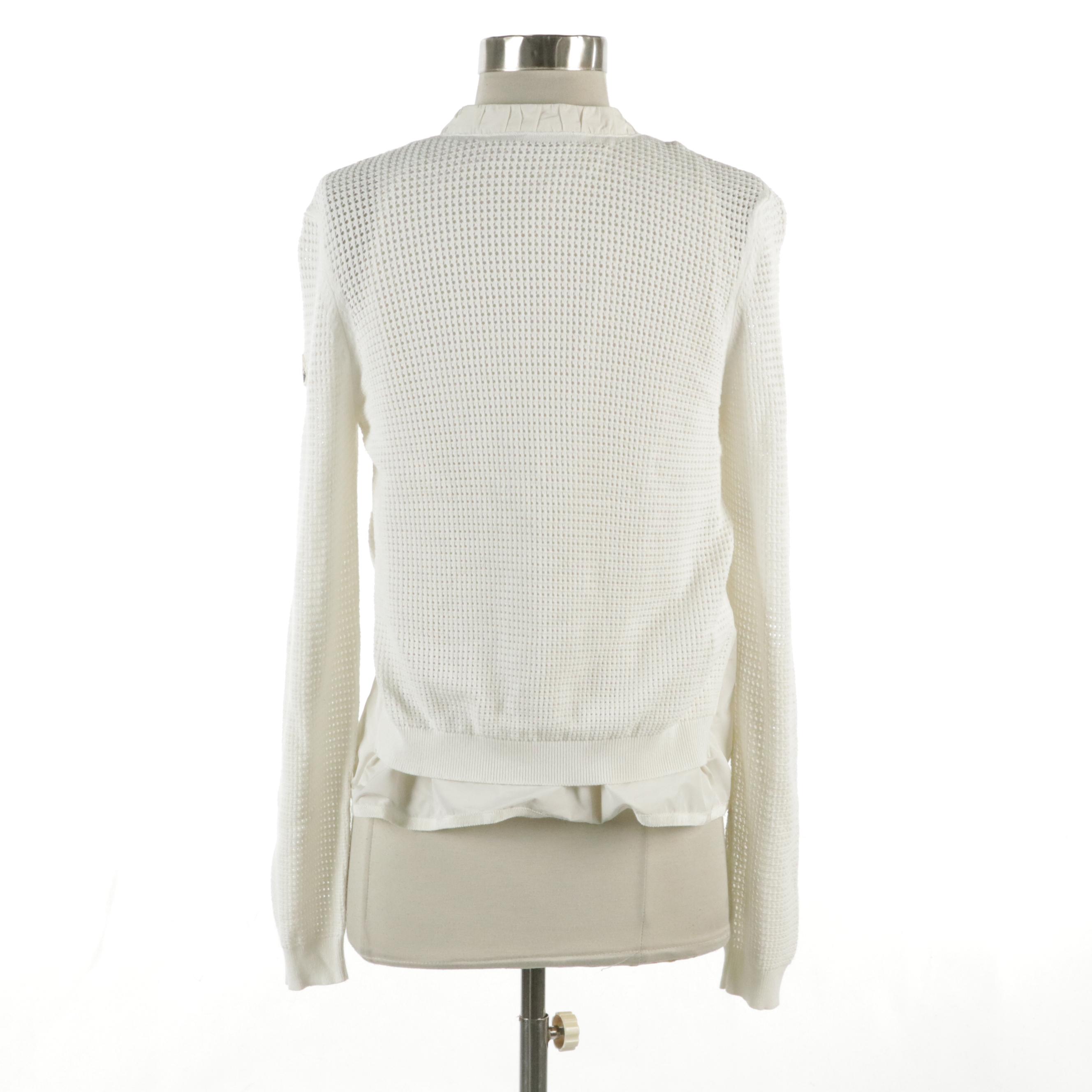 Moncler Cardigan-Layered Zip Jacket in White Nylon and Polyester Knit