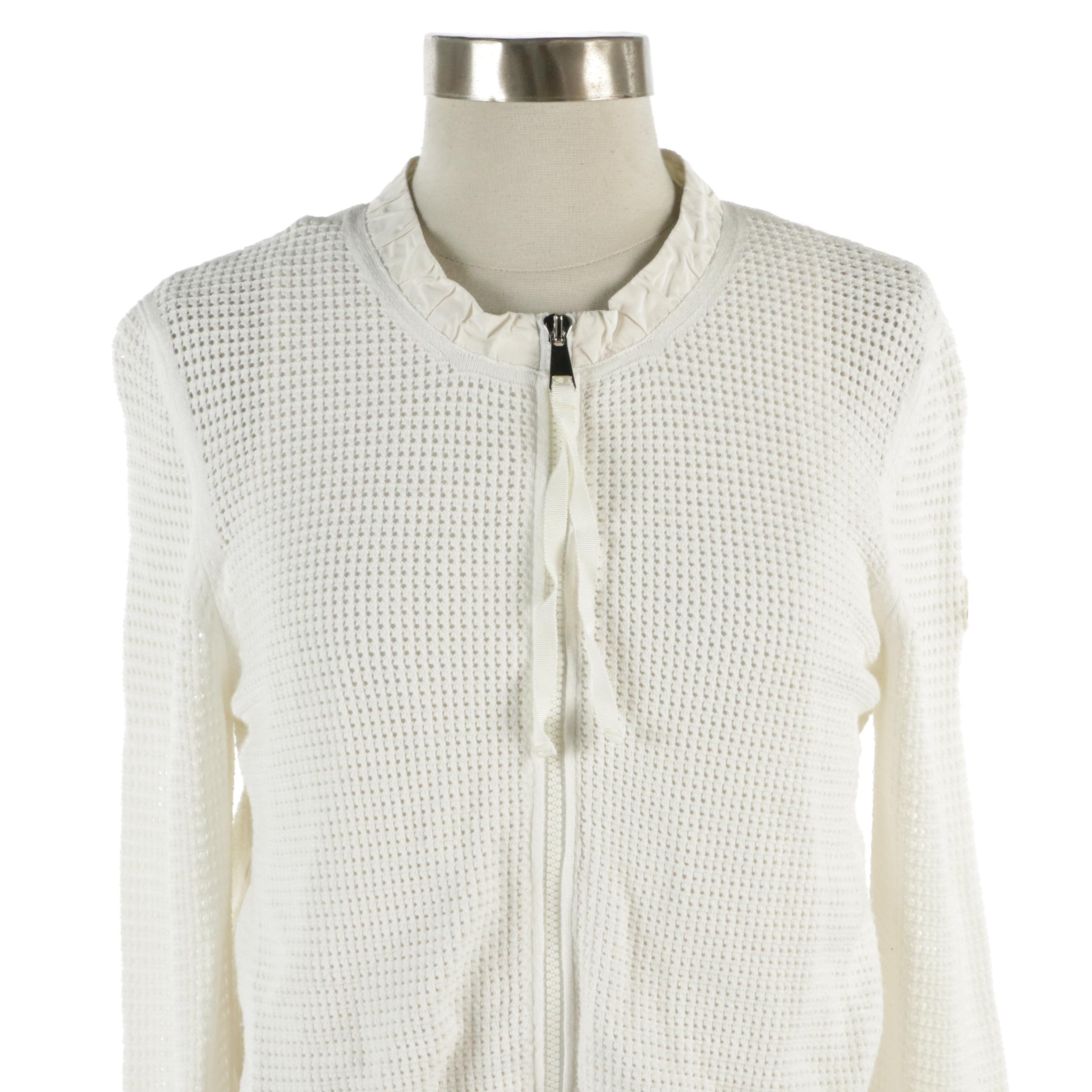 Moncler Cardigan-Layered Zip Jacket in White Nylon and Polyester Knit