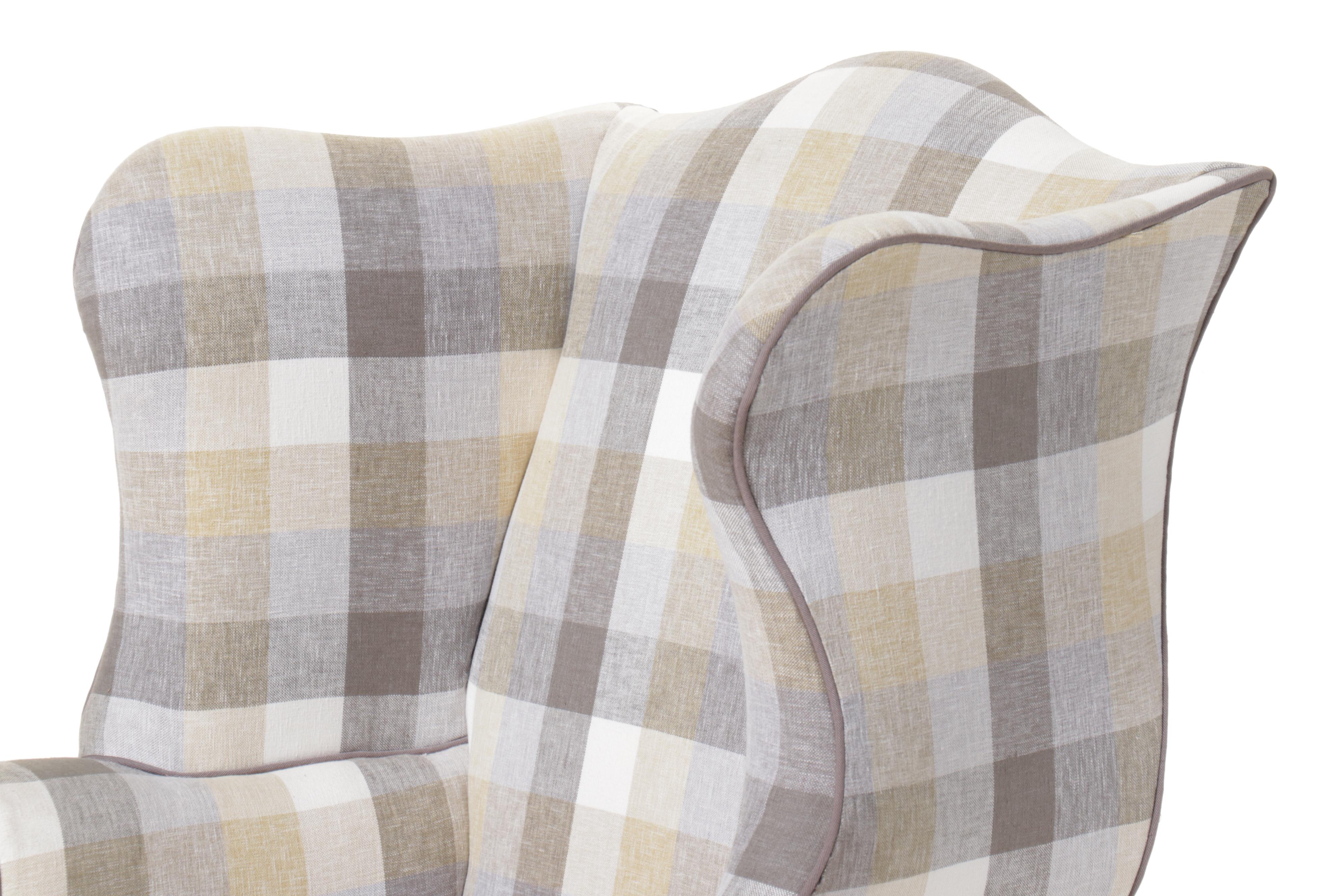 Chippendale Style Plaid Fabric Upholstered Wingback Chair