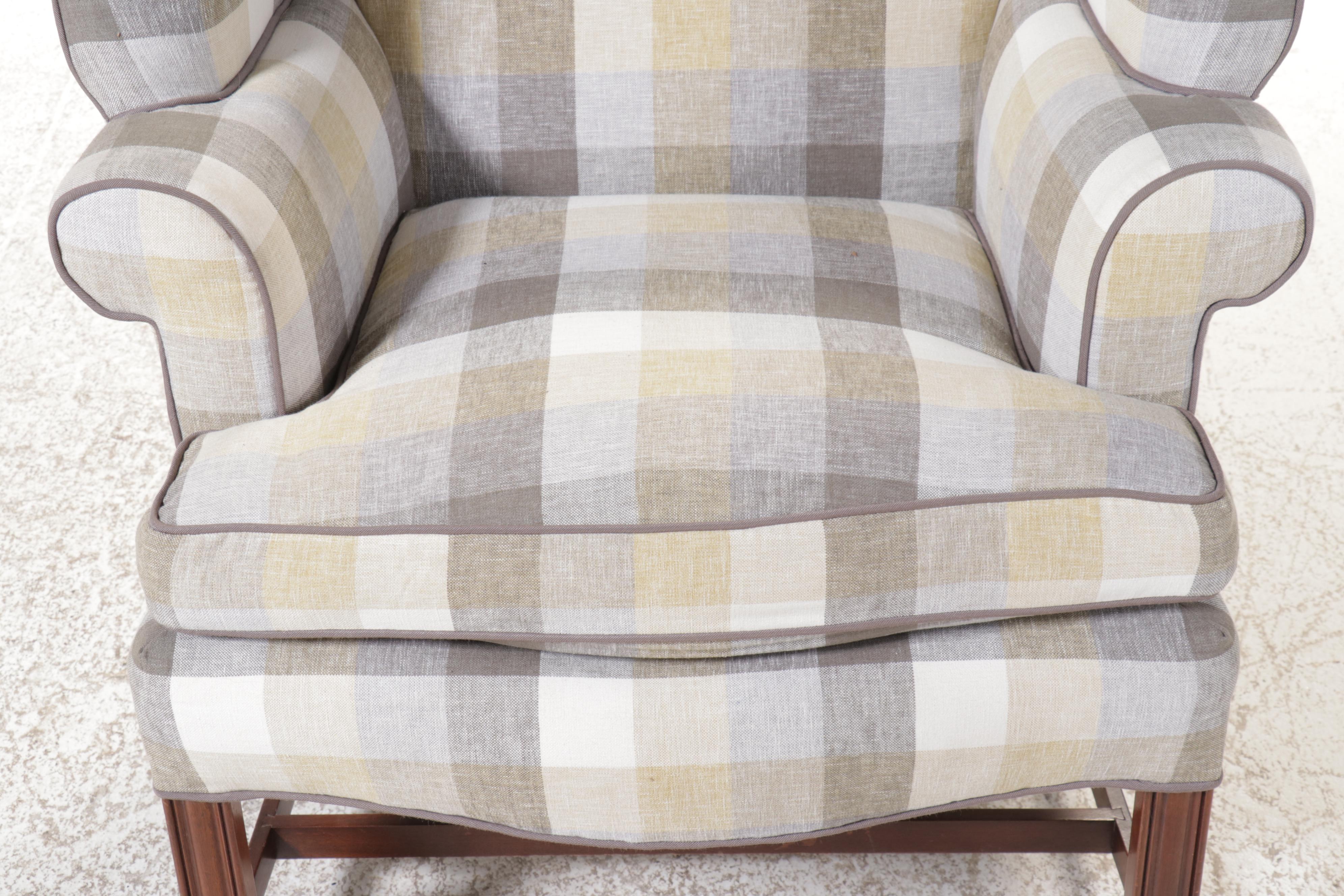 Chippendale Style Plaid Fabric Upholstered Wingback Chair
