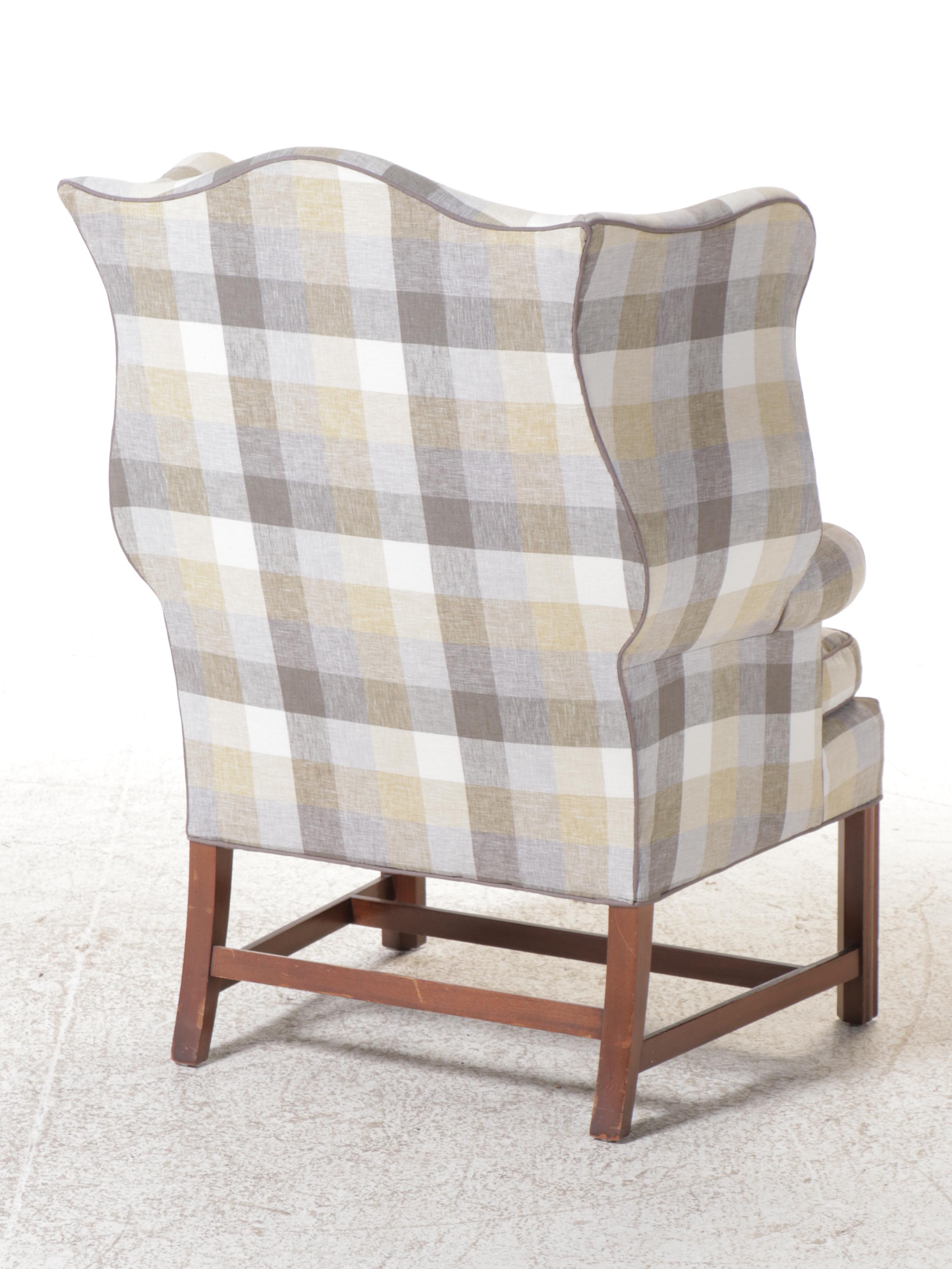 Chippendale Style Plaid Fabric Upholstered Wingback Chair
