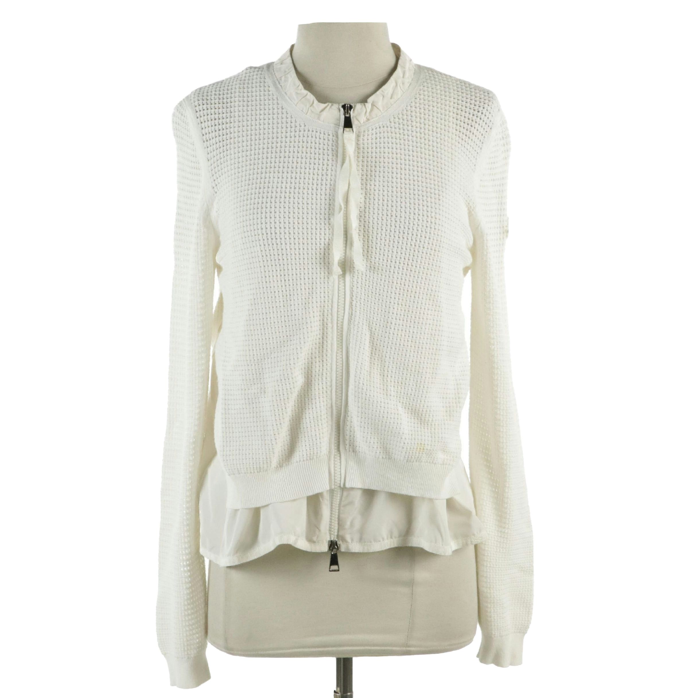 Moncler Cardigan-Layered Zip Jacket in White Nylon and Polyester Knit