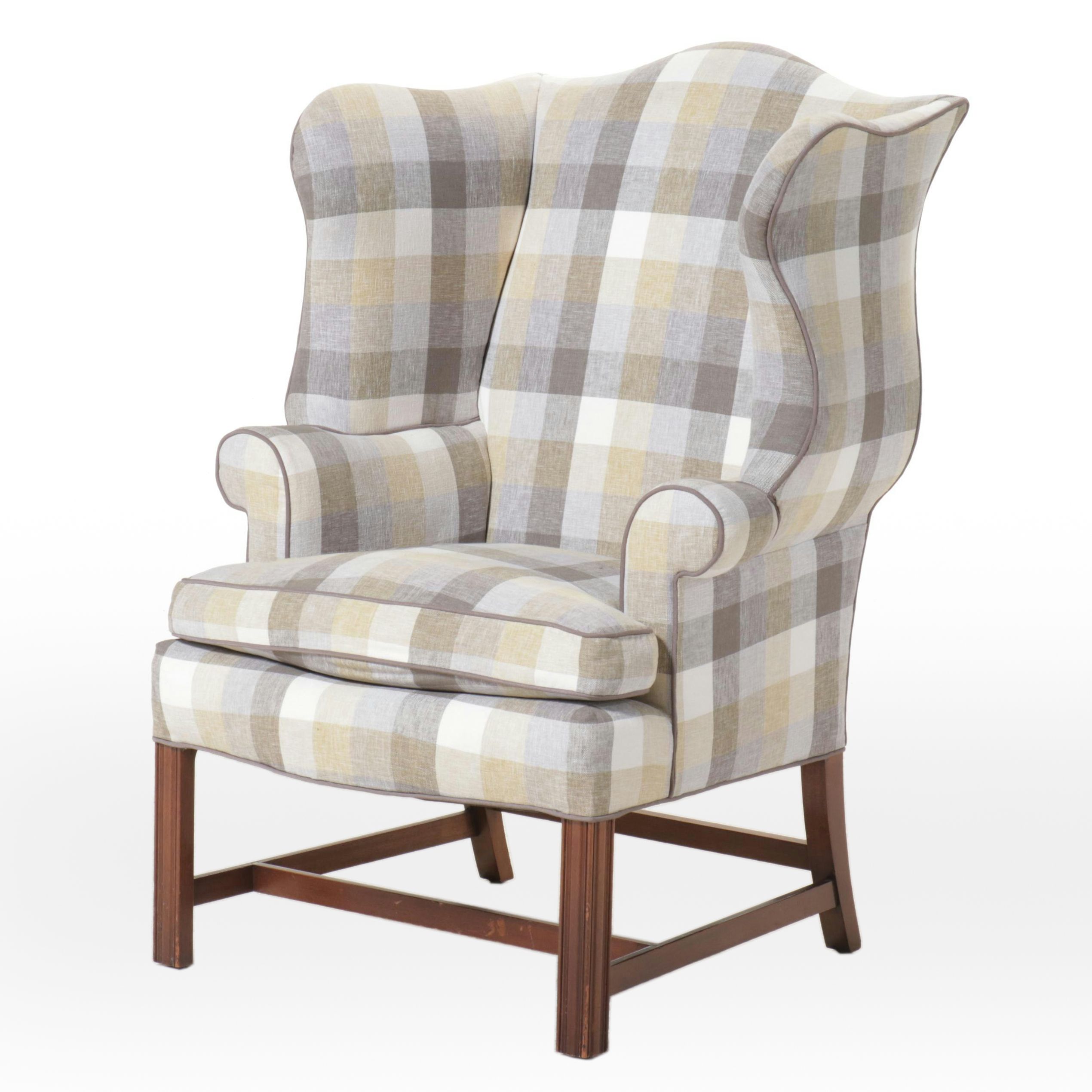 Chippendale Style Plaid Fabric Upholstered Wingback Chair