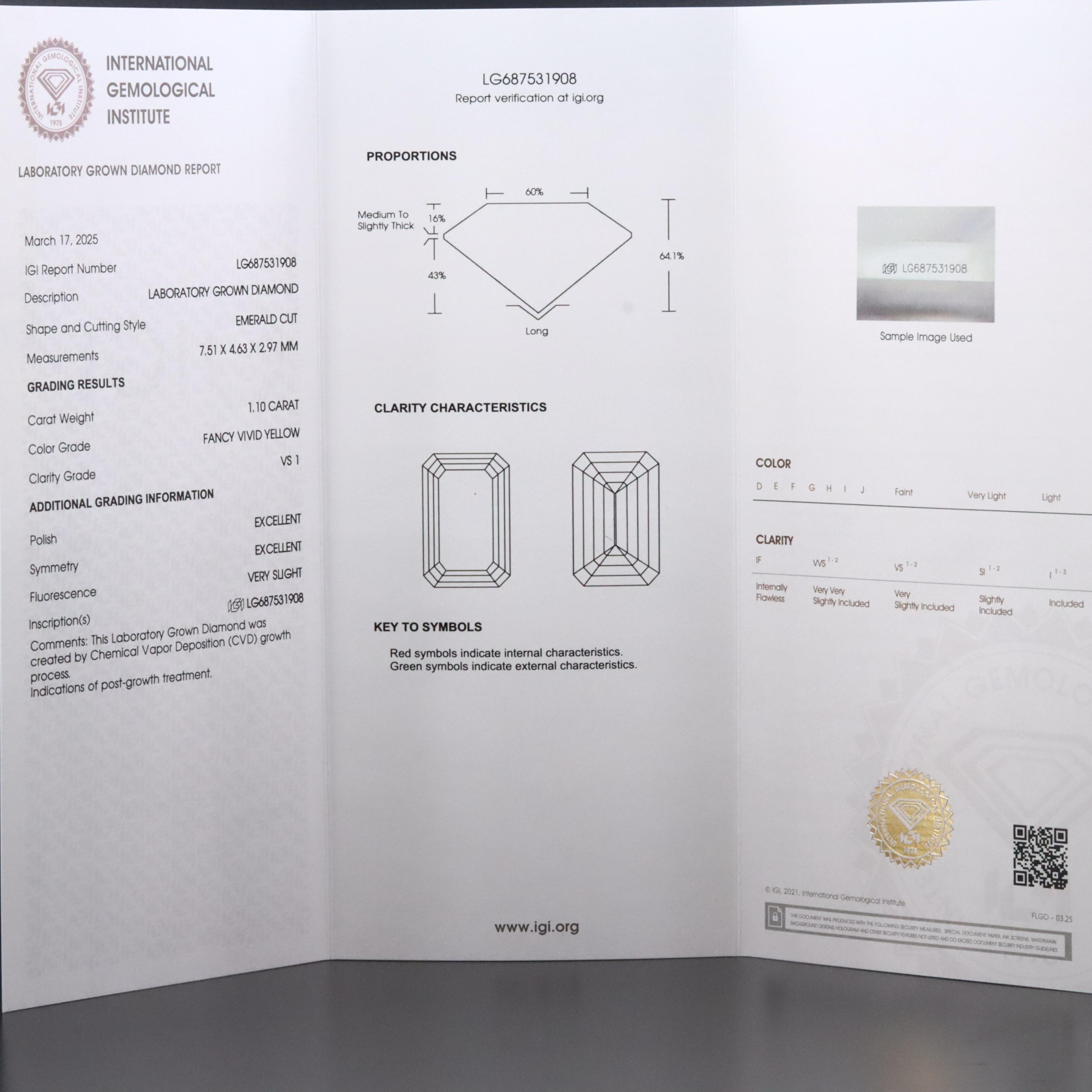 Loose 1.10 CT Lab Grown Fancy Yellow Diamond with IGI Report