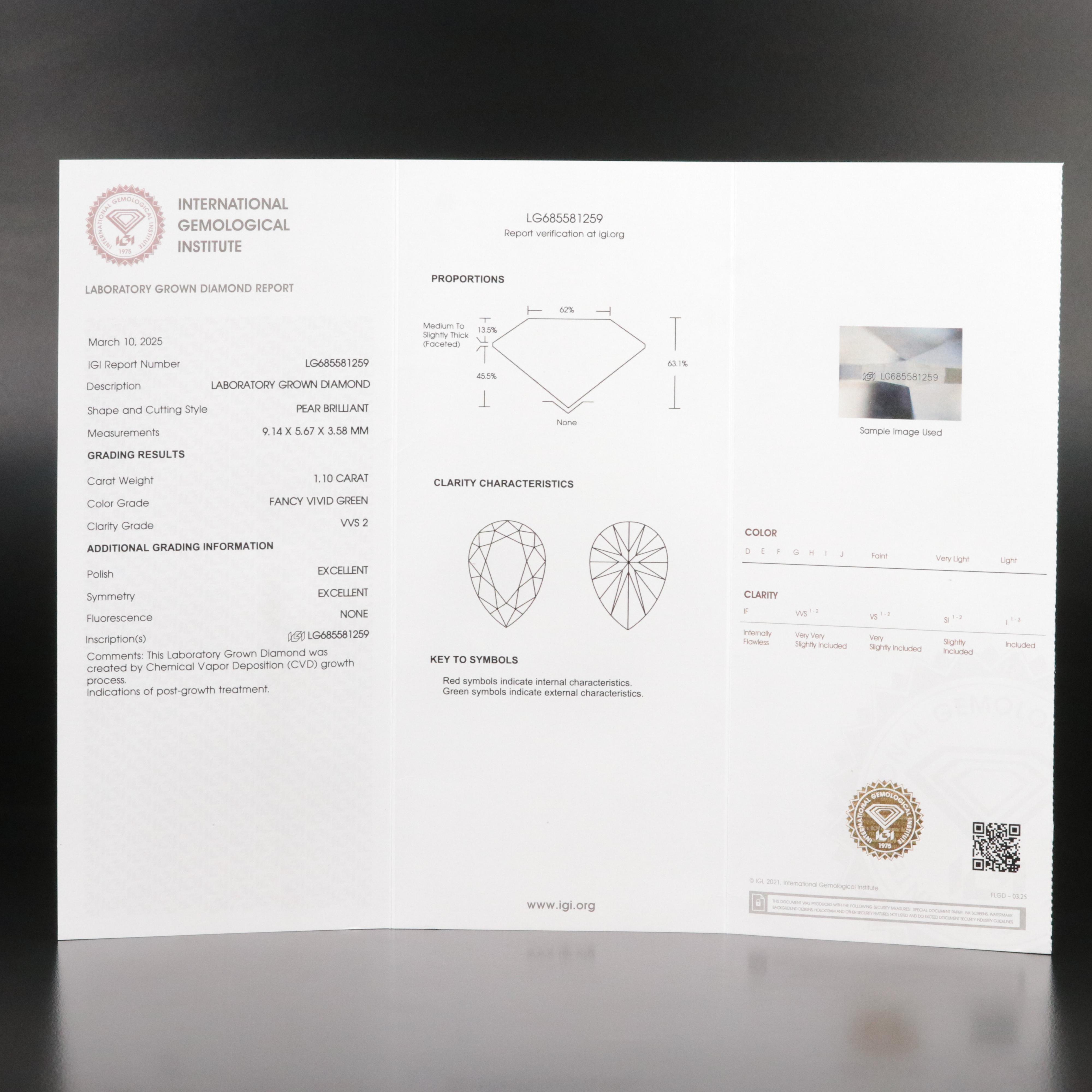 Loose 1.10 CT Lab Grown Fancy Green Diamond with IGI Report