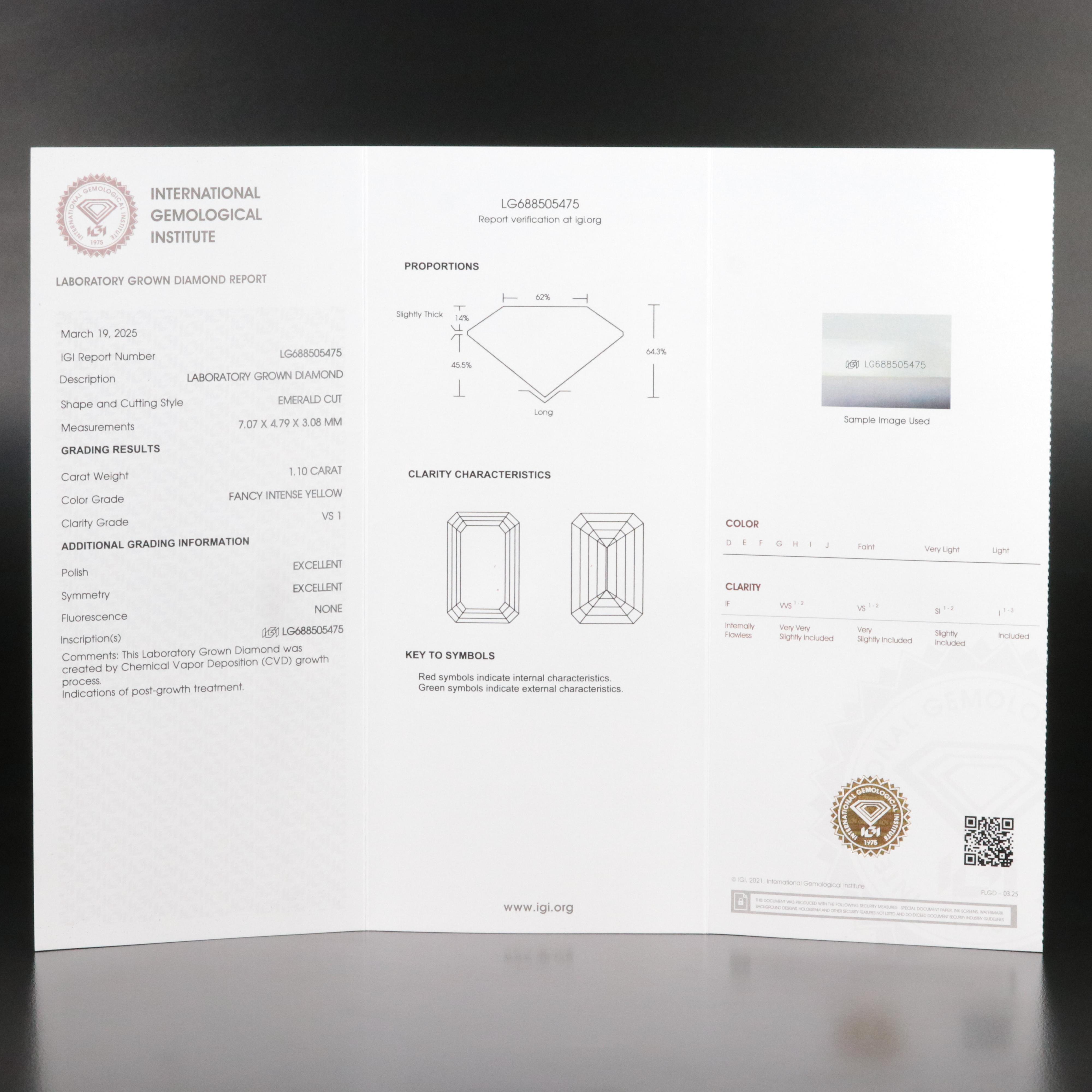 Loose 1.10 CT Lab Grown Fancy Yellow Diamond with IGI Report