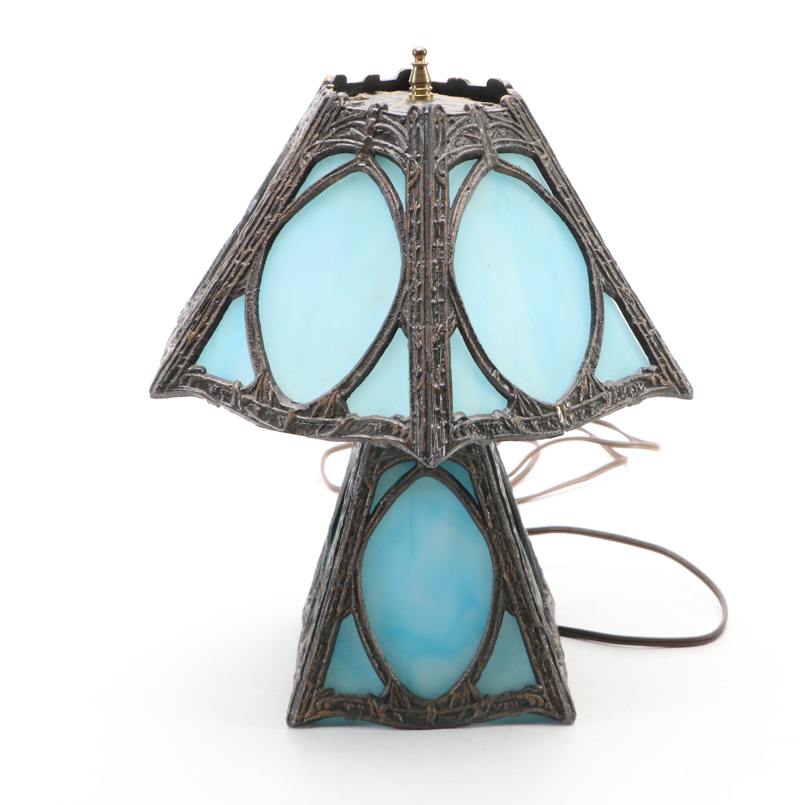 Spelter and Blue Slag Glass Panel Accent Lamp Pair, Mid to Late 20th Century