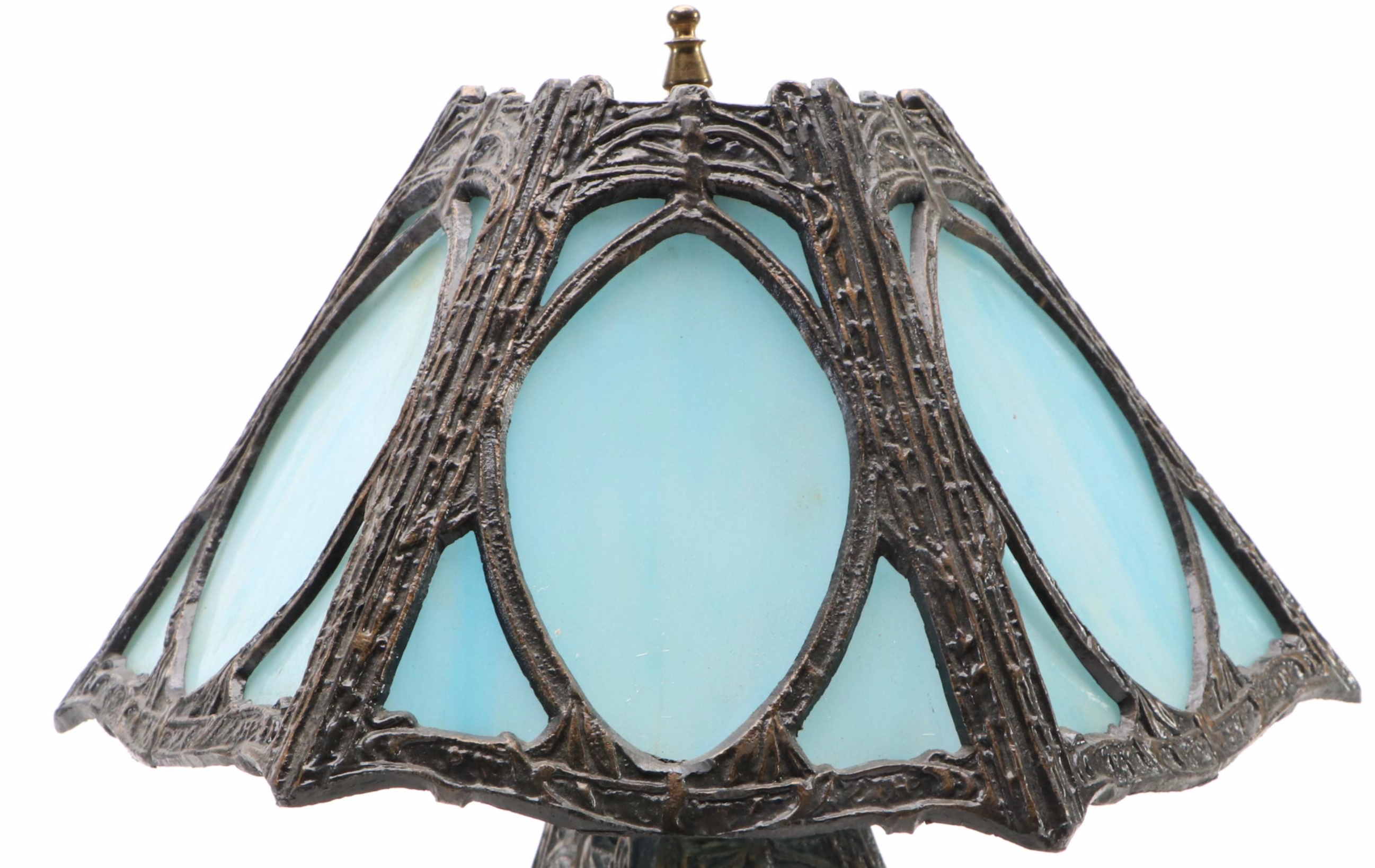 Spelter and Blue Slag Glass Panel Accent Lamp Pair, Mid to Late 20th Century