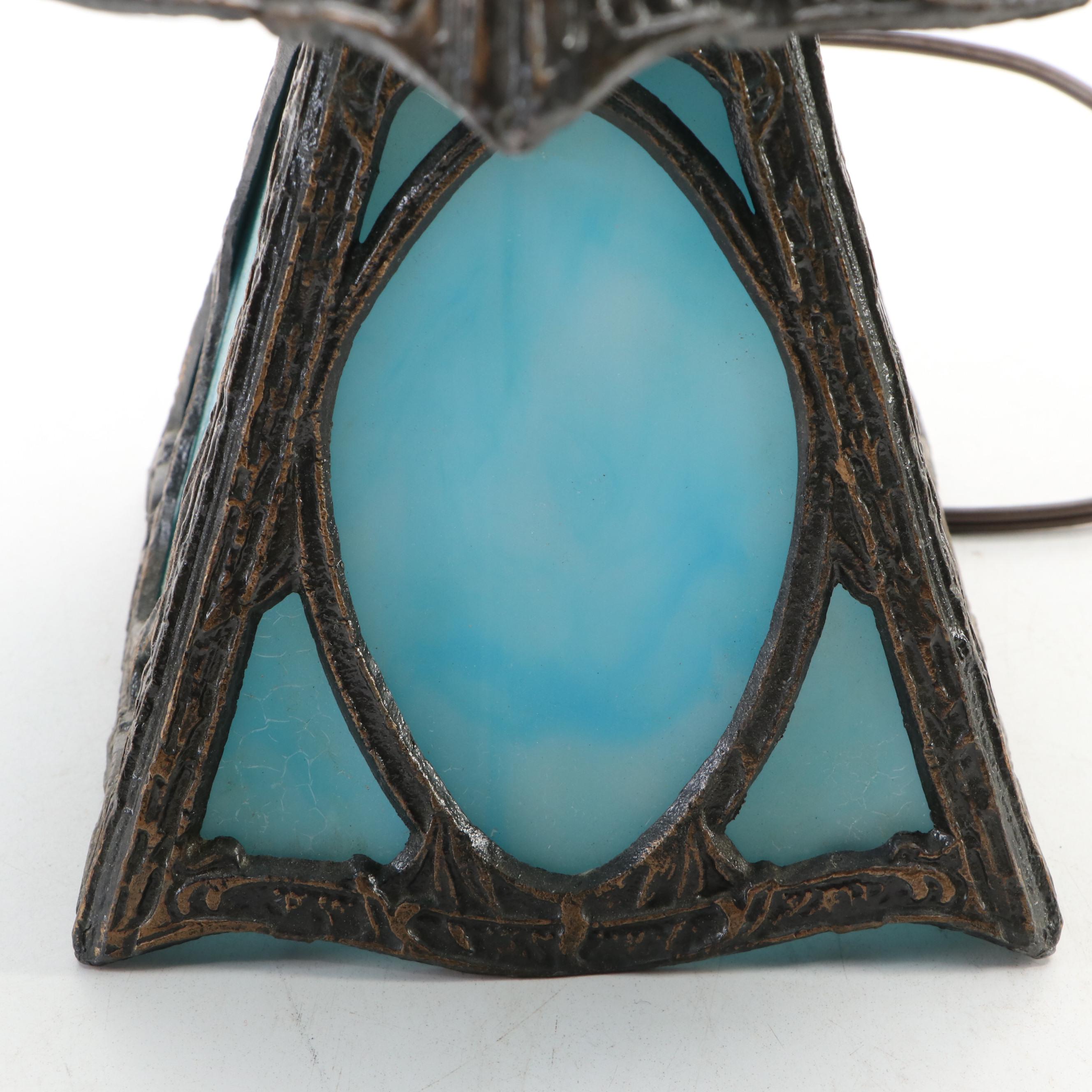 Spelter and Blue Slag Glass Panel Accent Lamp Pair, Mid to Late 20th Century