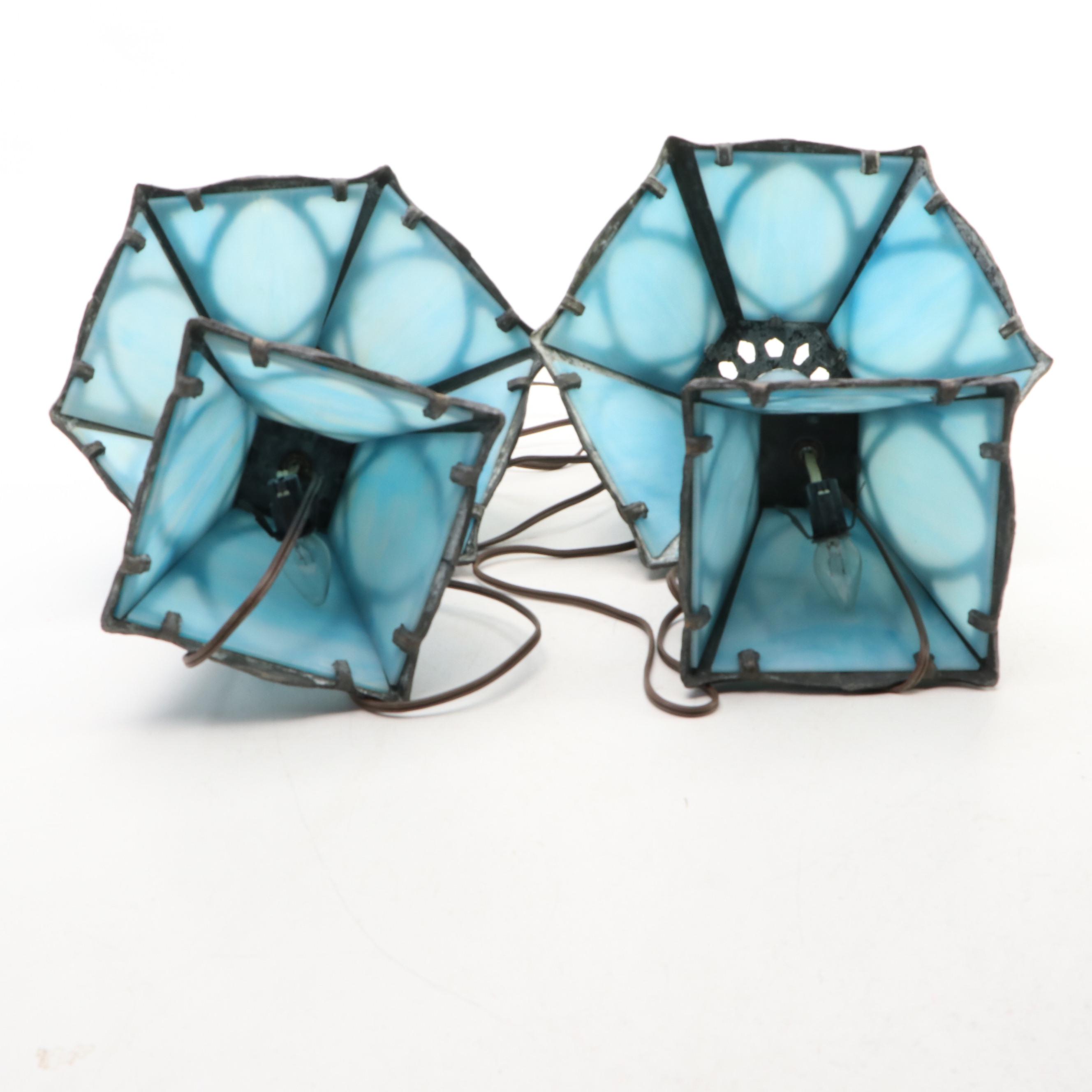 Spelter and Blue Slag Glass Panel Accent Lamp Pair, Mid to Late 20th Century