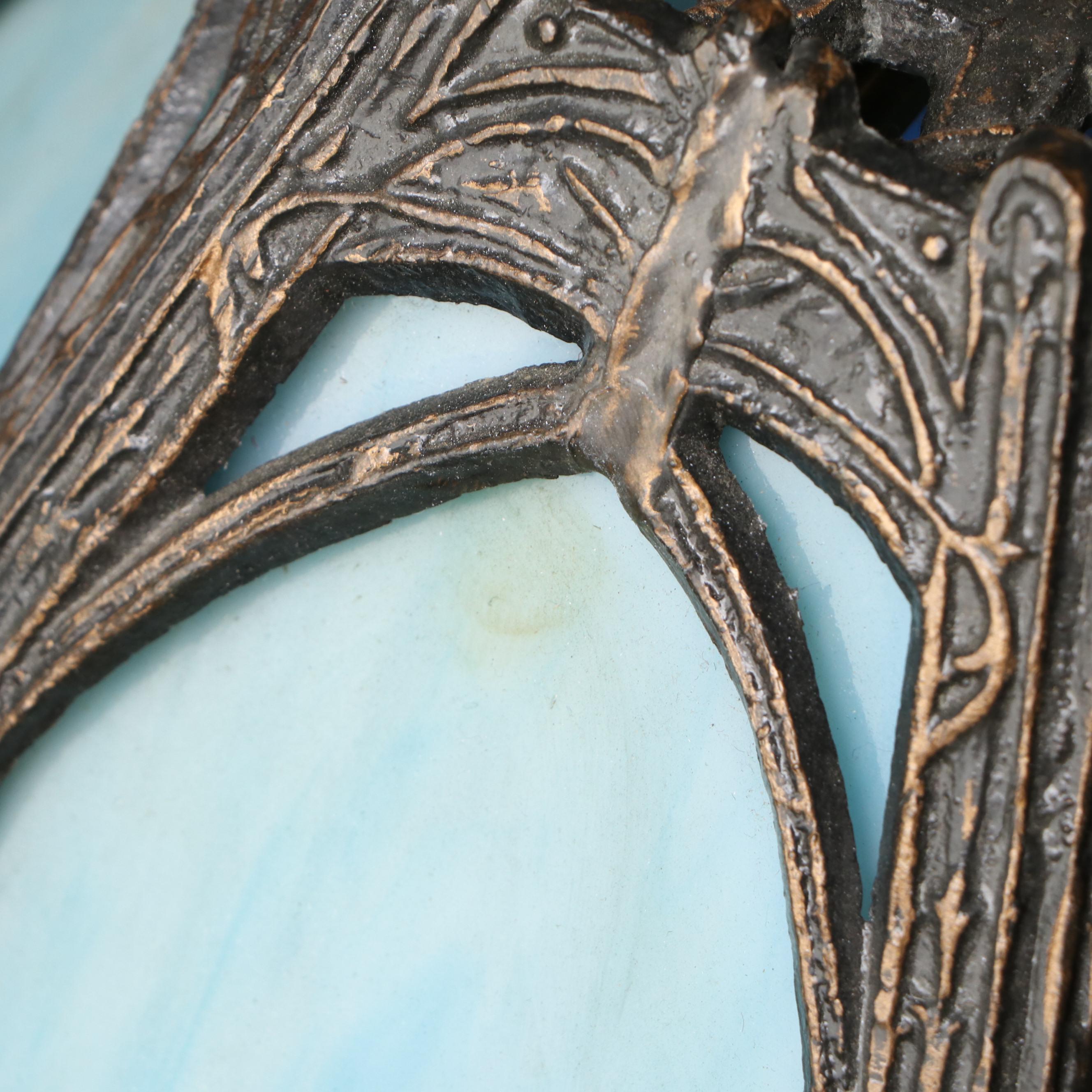 Spelter and Blue Slag Glass Panel Accent Lamp Pair, Mid to Late 20th Century