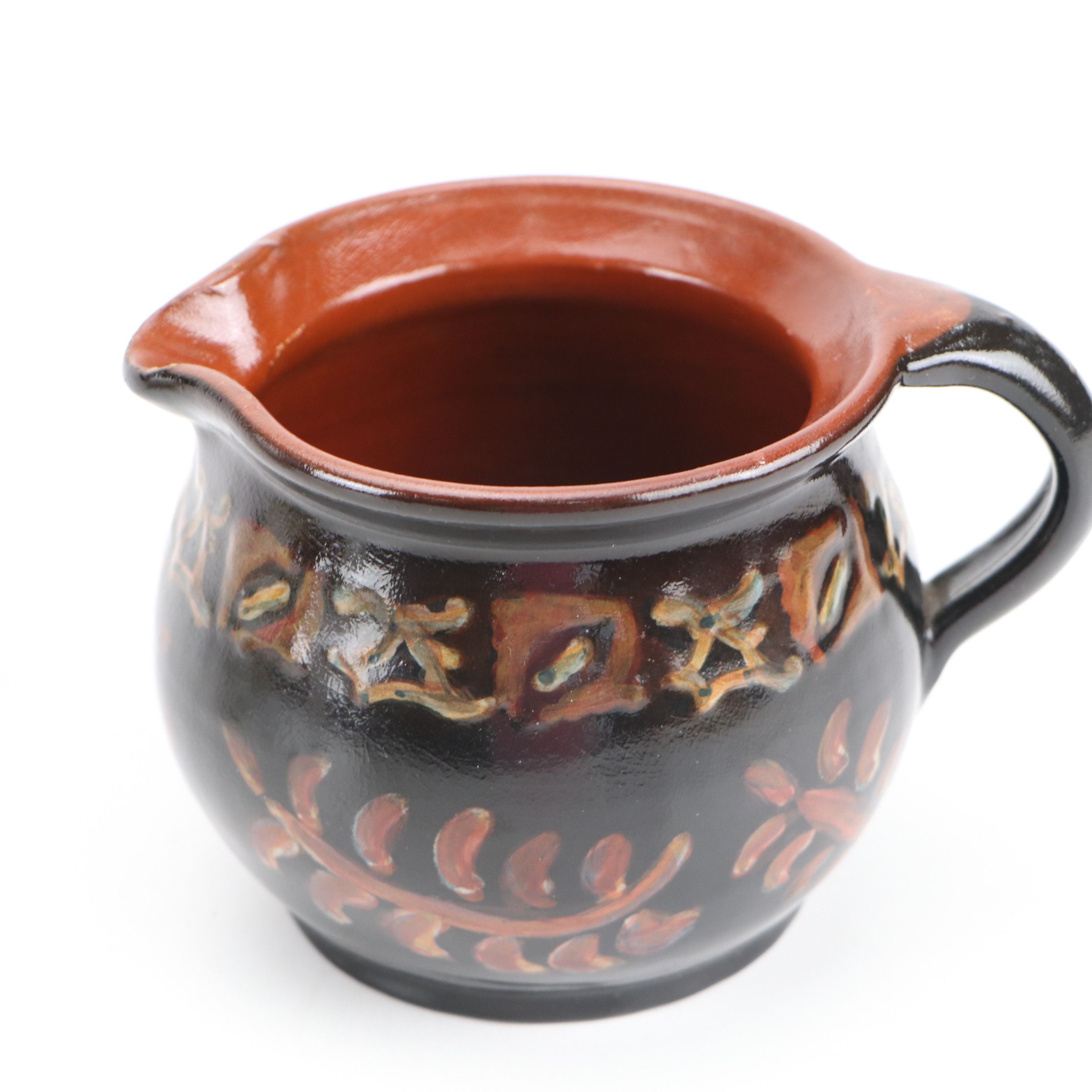 Cico German Majolica Cabinet Plate with Redware Pottery Jug, 20th Century