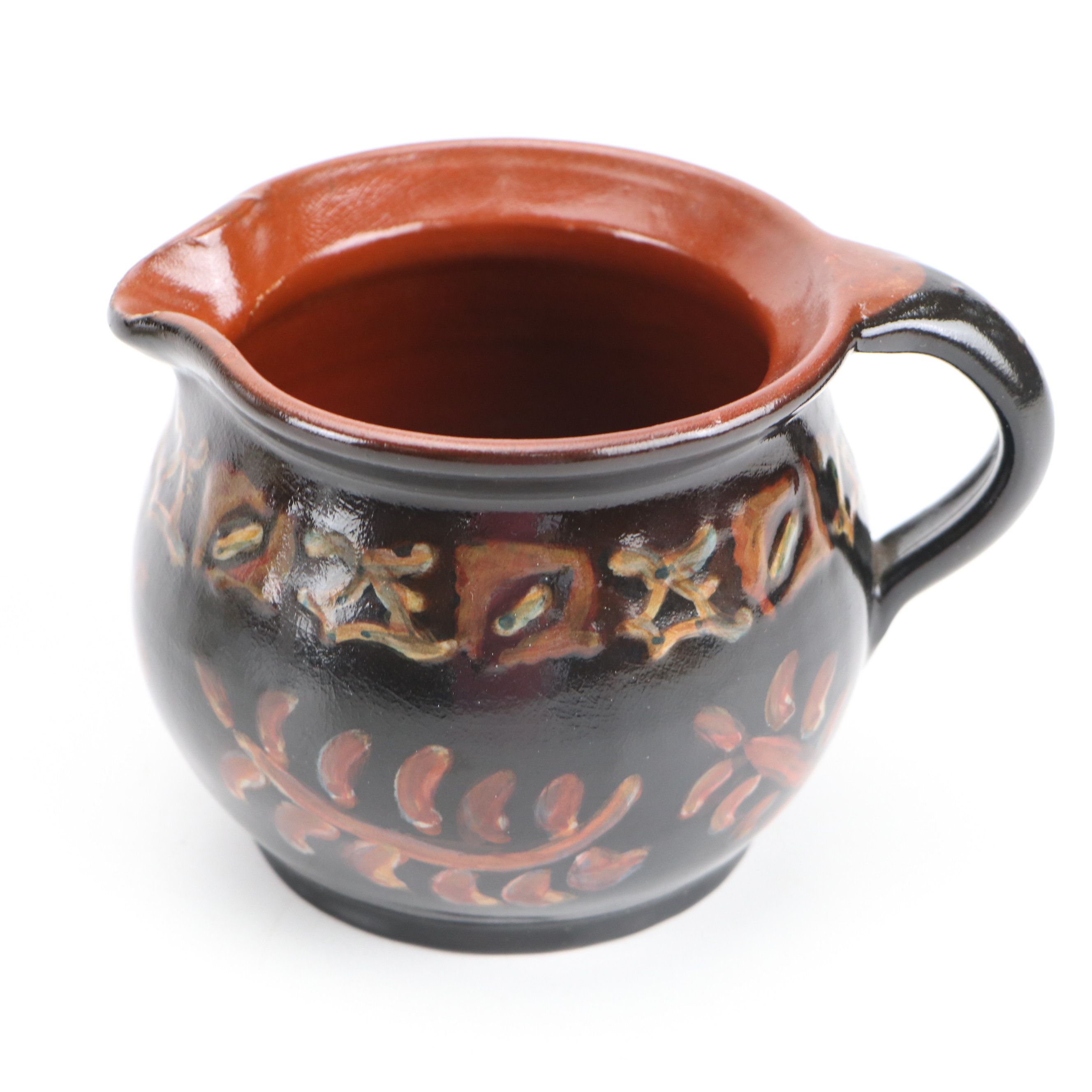 Cico German Majolica Cabinet Plate with Redware Pottery Jug, 20th Century