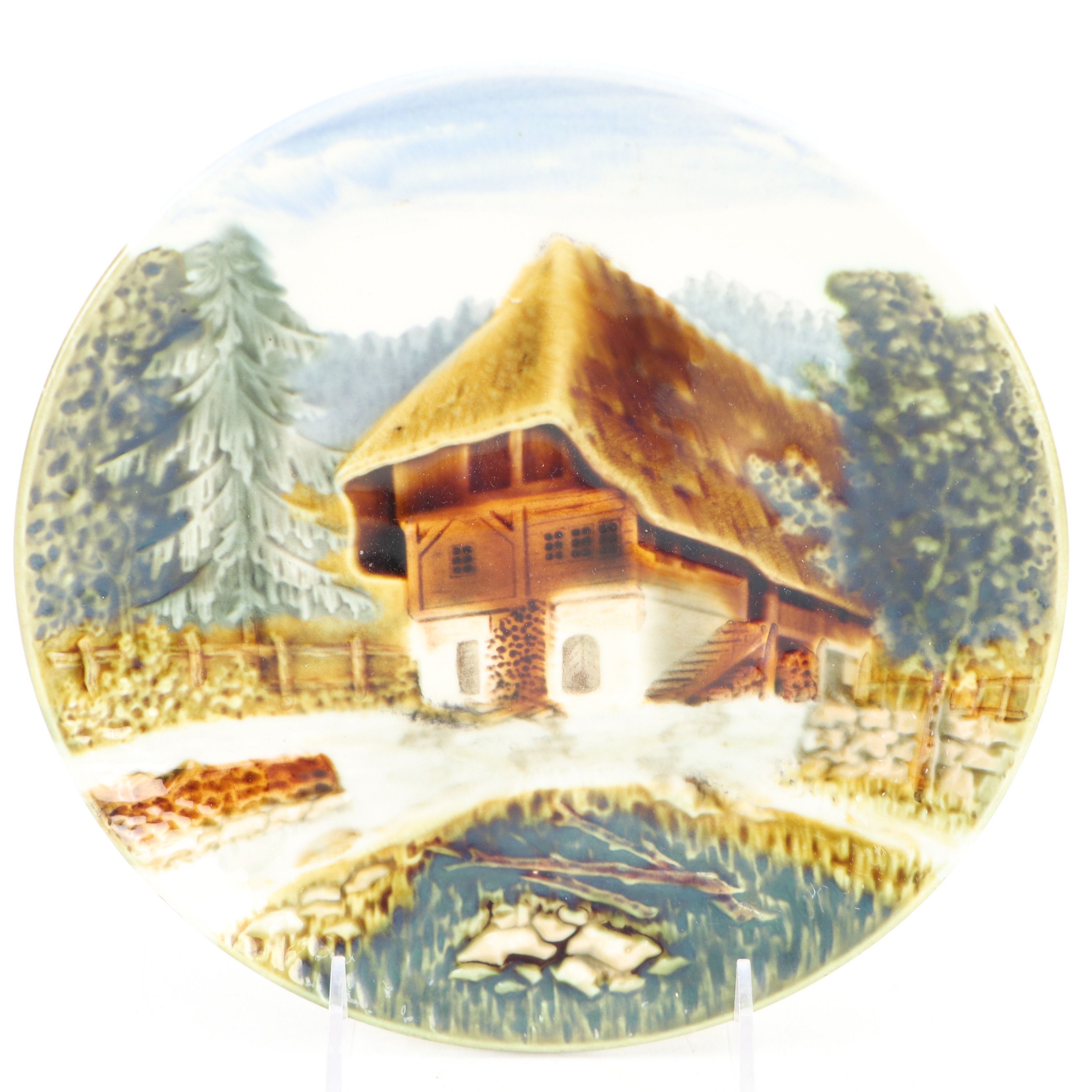 Cico German Majolica Cabinet Plate with Redware Pottery Jug, 20th Century