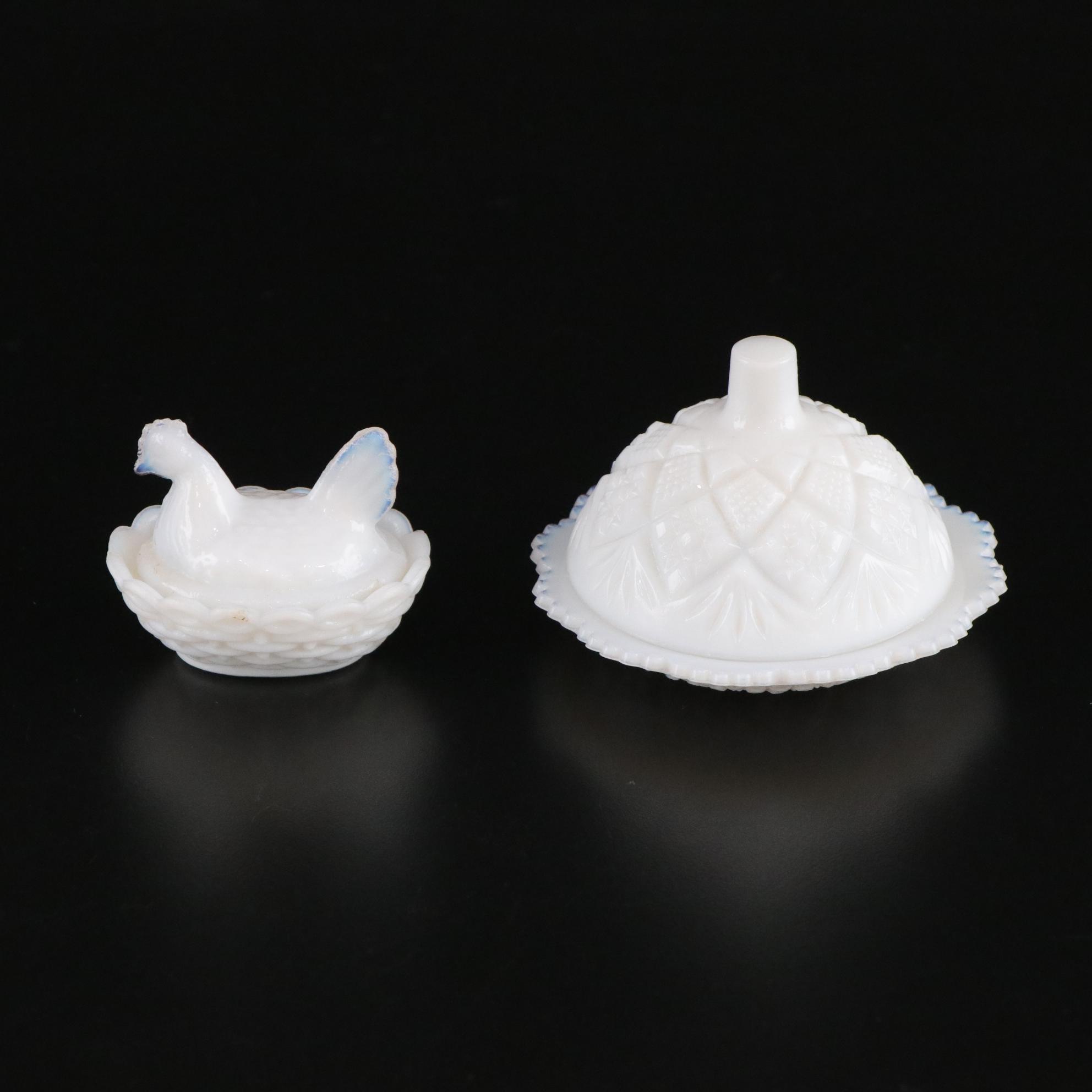 Westmoreland "Thumbelina" Sugar & Creamer with Butter Dish, Hen on Nest and Vase