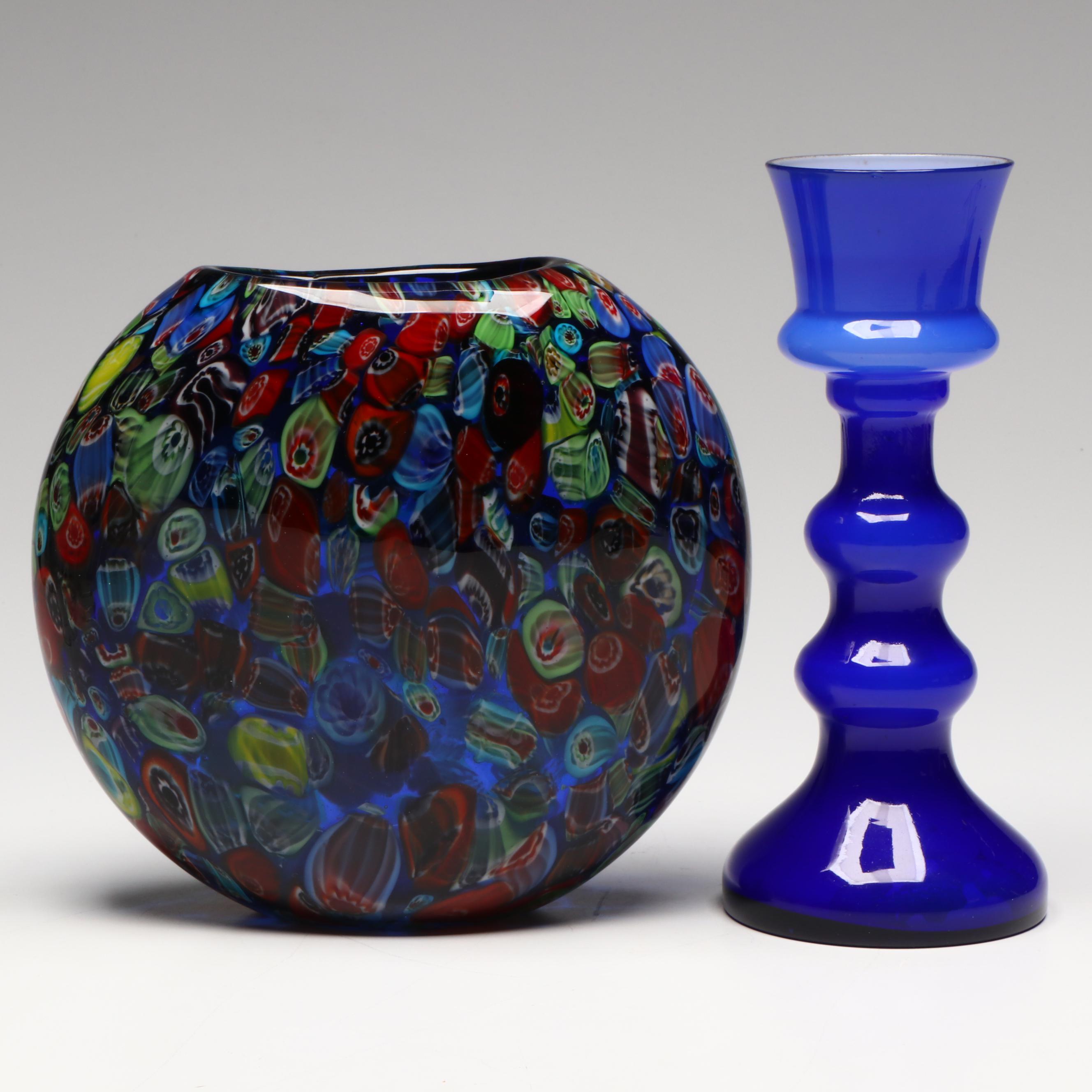 Cristalleria d'arte Ann Primrose Attr. Millefiori Vase with Cobalt Glass Vase