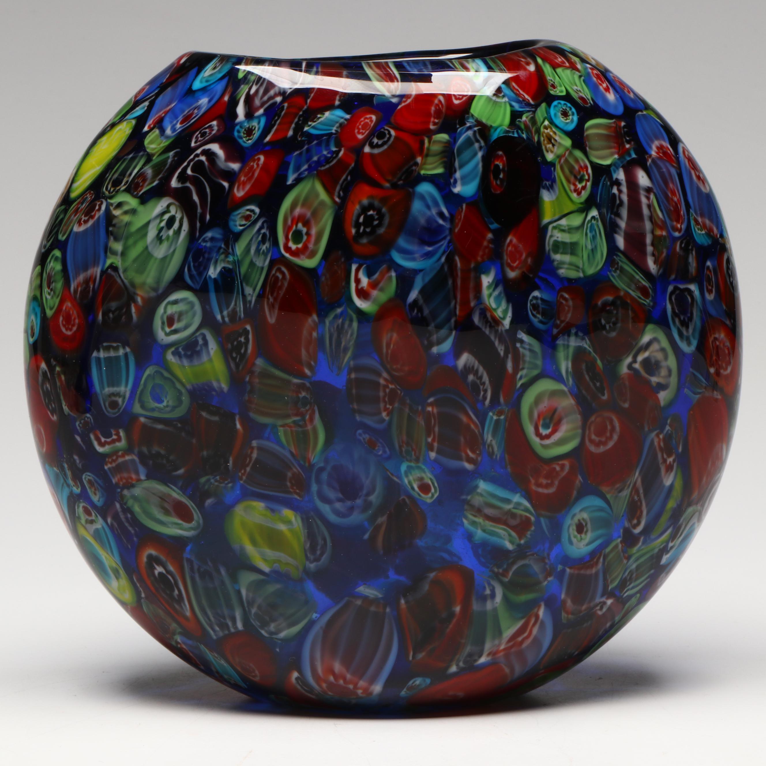 Cristalleria d'arte Ann Primrose Attr. Millefiori Vase with Cobalt Glass Vase