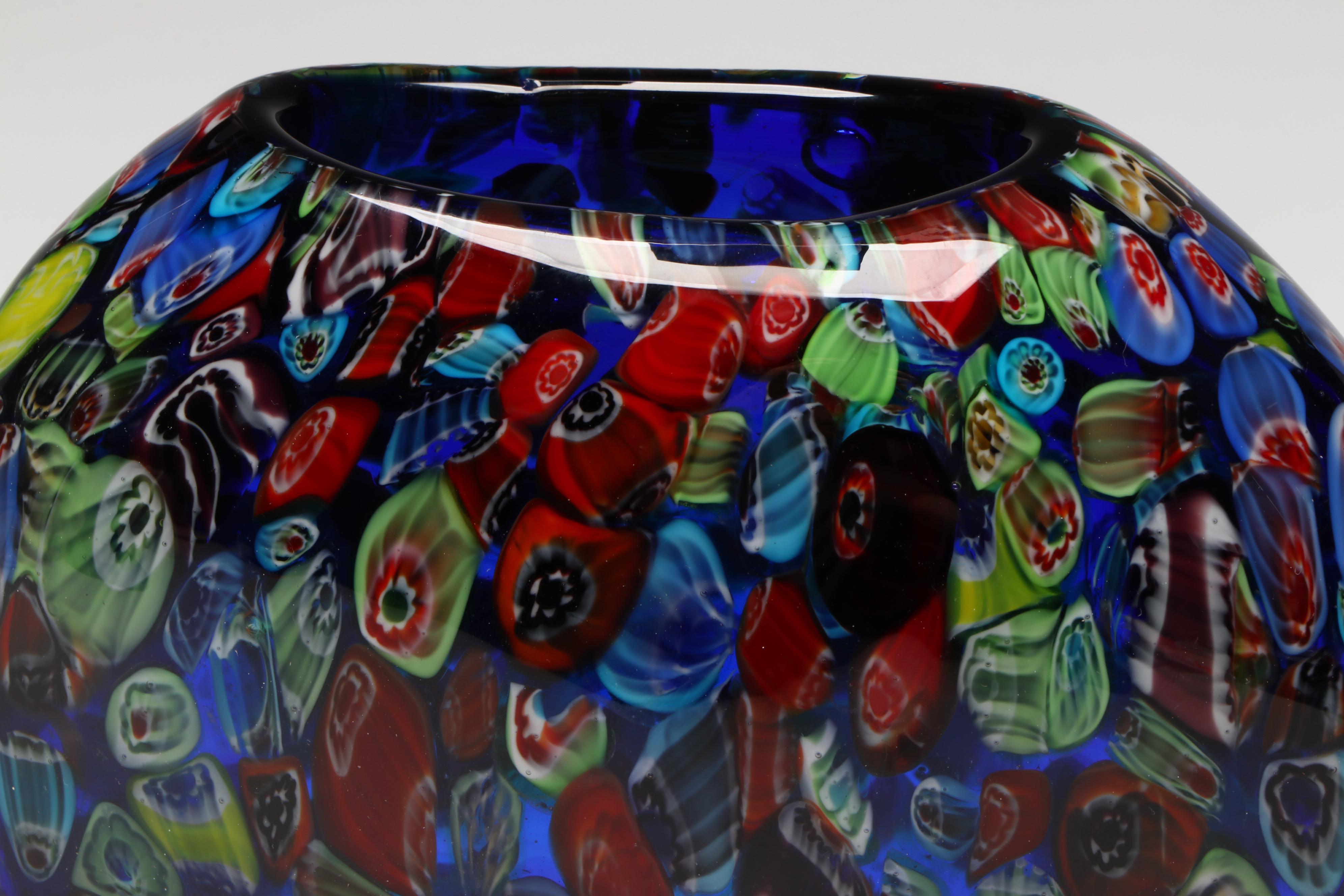 Cristalleria d'arte Ann Primrose Attr. Millefiori Vase with Cobalt Glass Vase