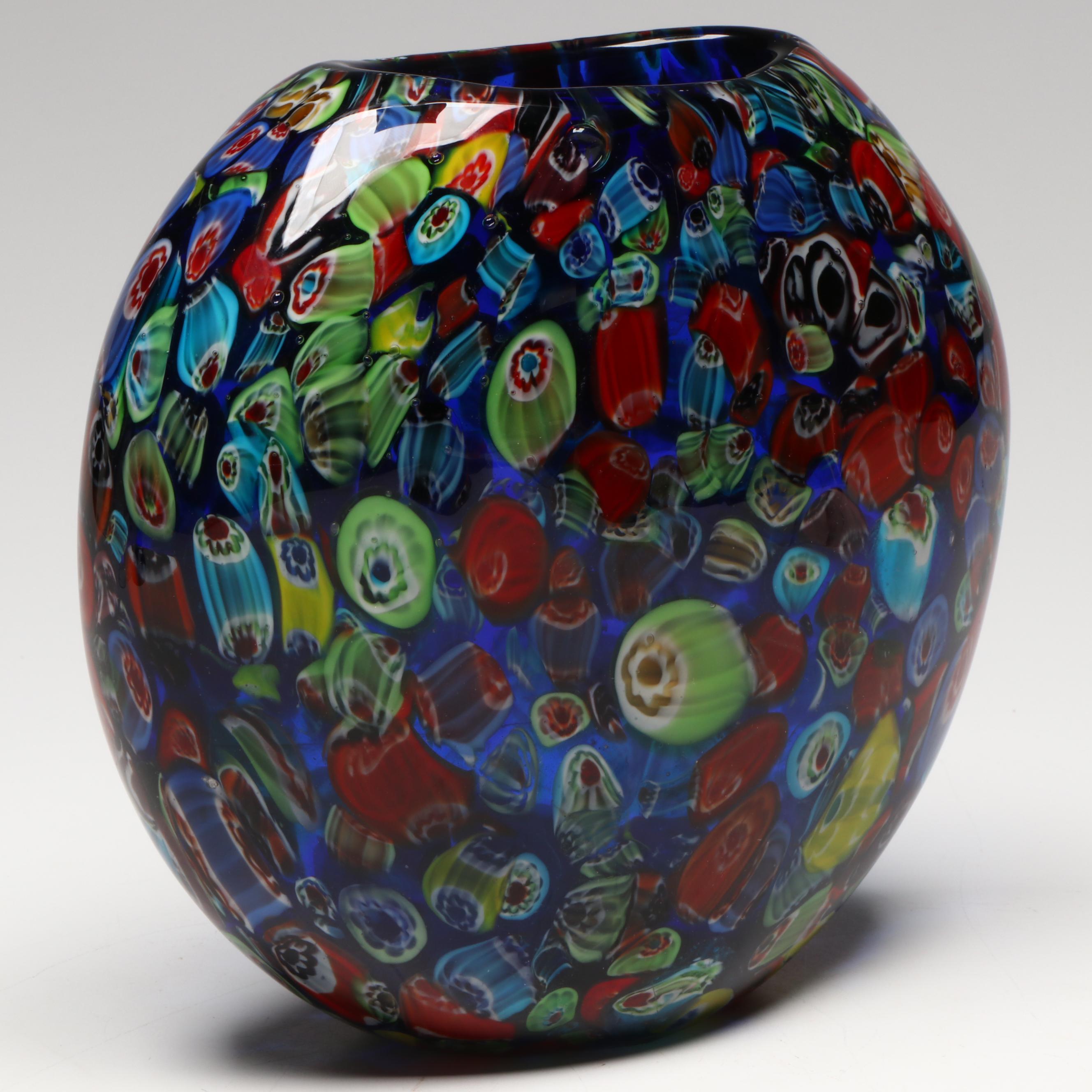 Cristalleria d'arte Ann Primrose Attr. Millefiori Vase with Cobalt Glass Vase