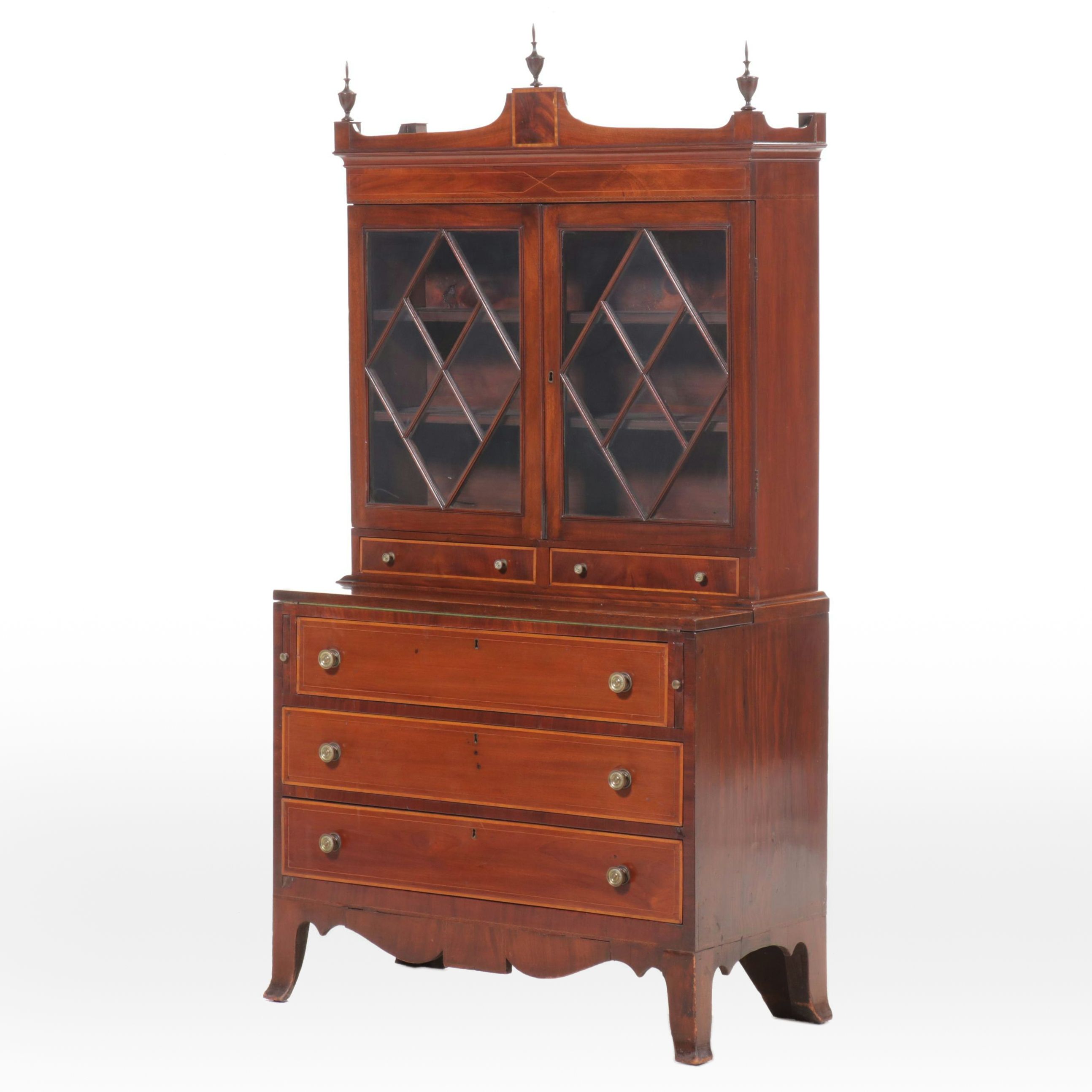 Federal Style String Inlaid Mahogany Secretary with Hutch, circa 1876