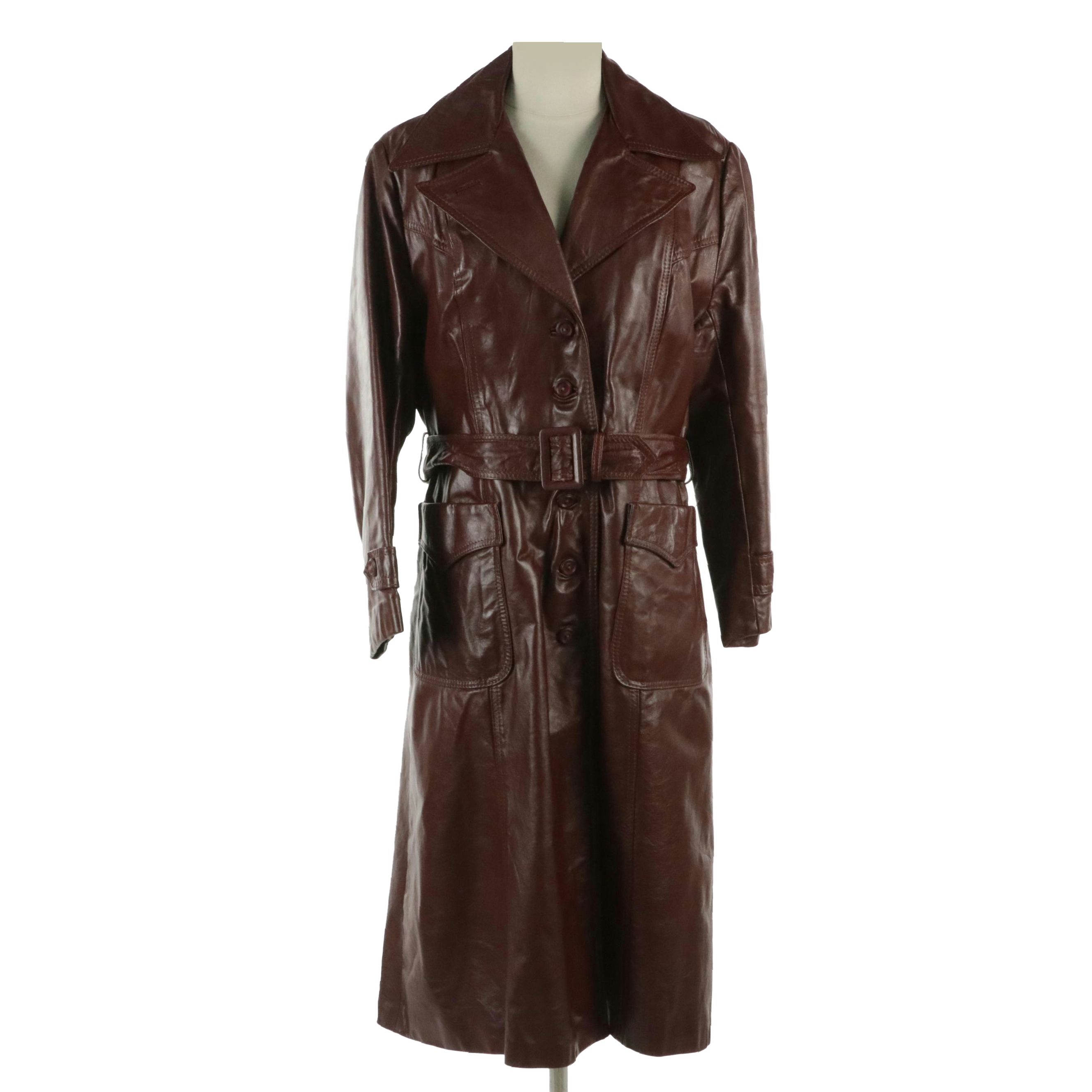 Vintage Mid-Length Burgundy Leather Trench Coat with Detachable Wool Lining