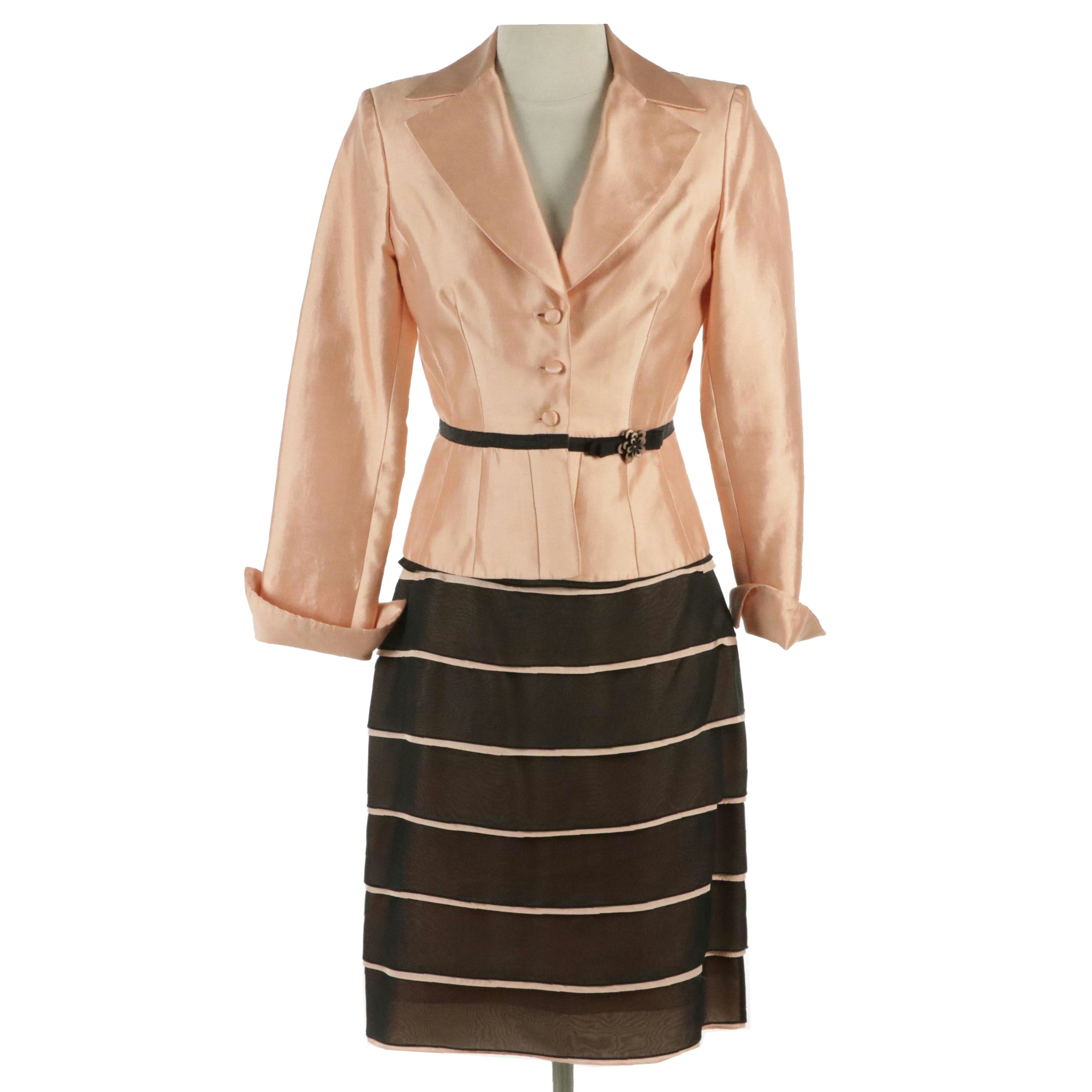 Kay Unger Peach Silk Blazer and Black/Peach Silk Tiered Pencil Skirt Set