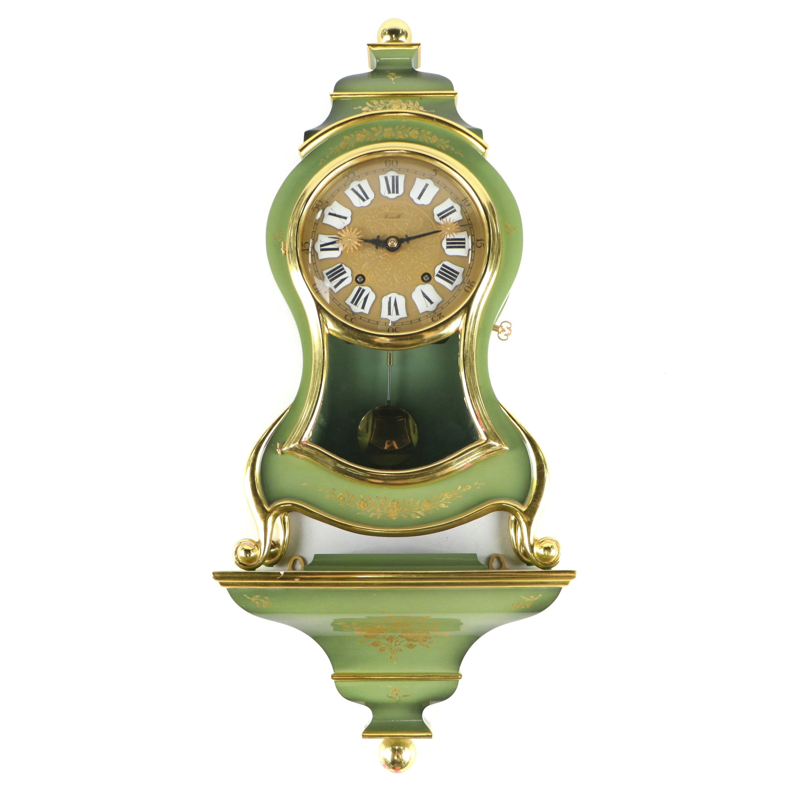 Zenith Sage Green Gold Gilt Floral Decorated Wood Mantel Clock with Shelf