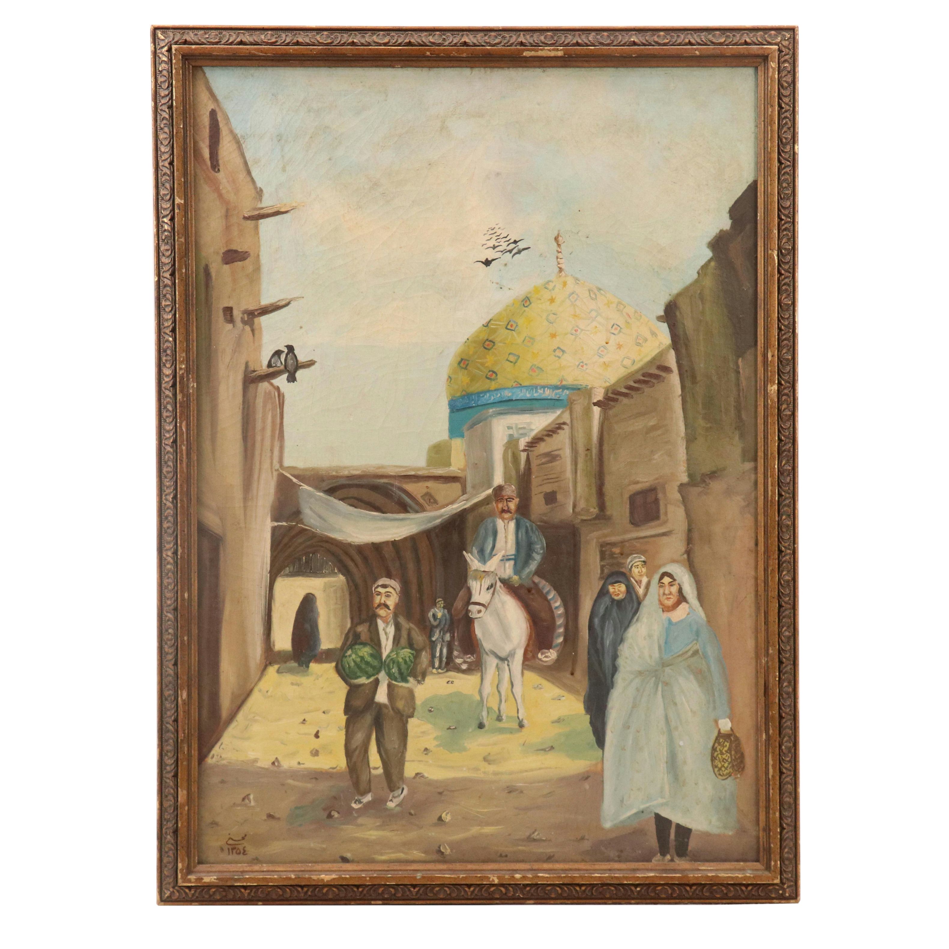 Islamic School Oil Painting of Mosque with Busy Street, 20th Century