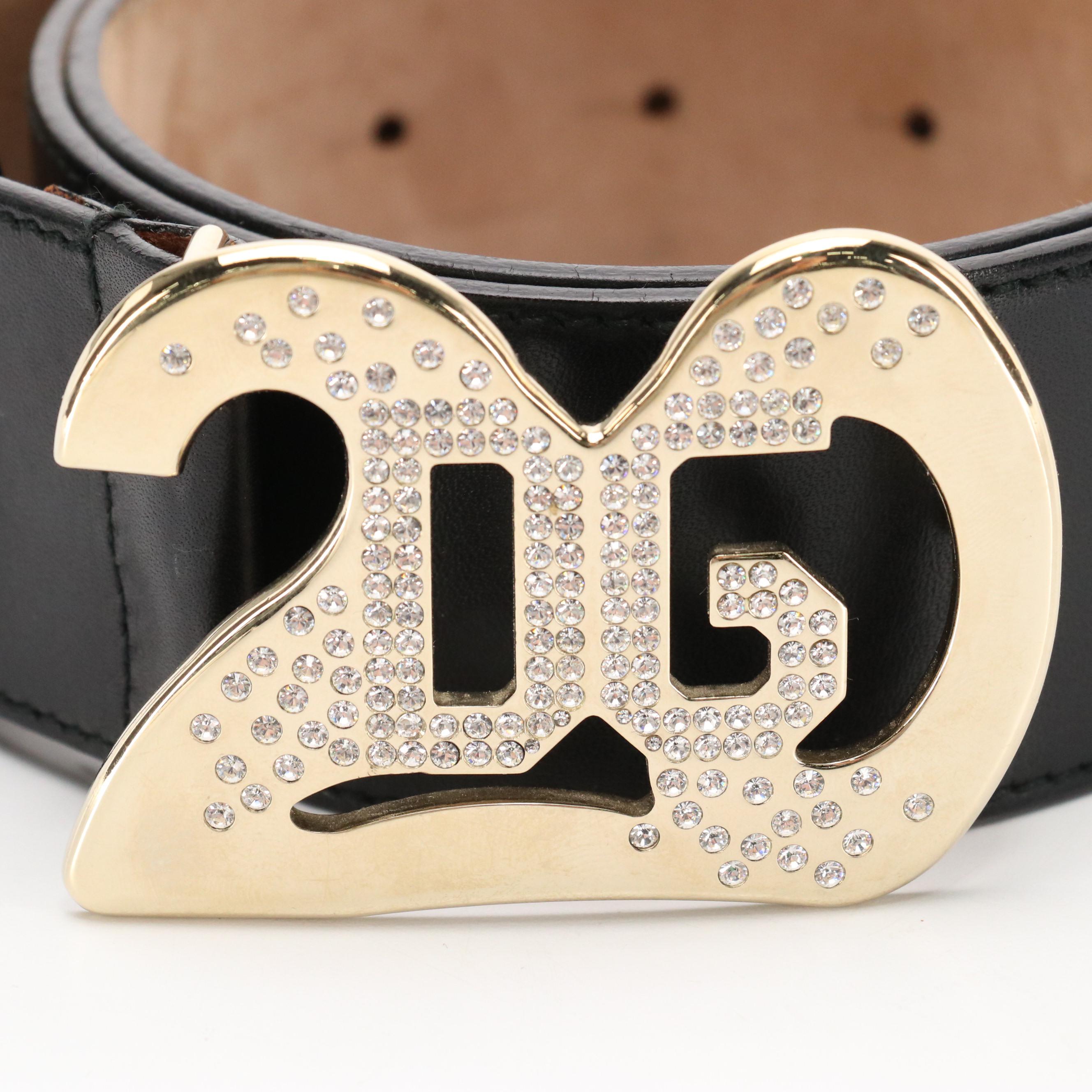 Dole & Gabbana Black Leather Belt with Embellished DG 20 Buckle