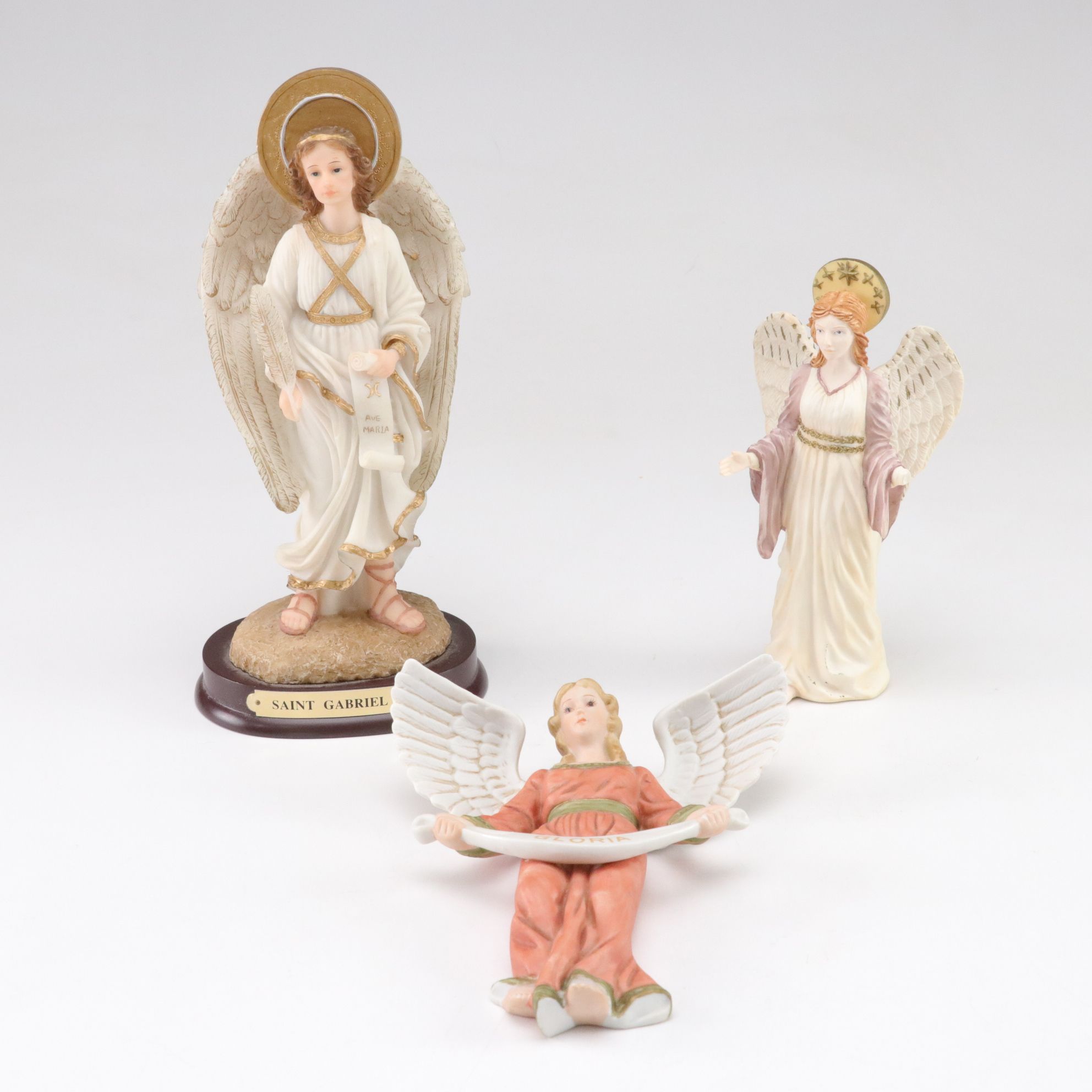 Saint Gabriel Carved Resin Figurine, Herald Angel and Lefton Wall-Hanging Angel