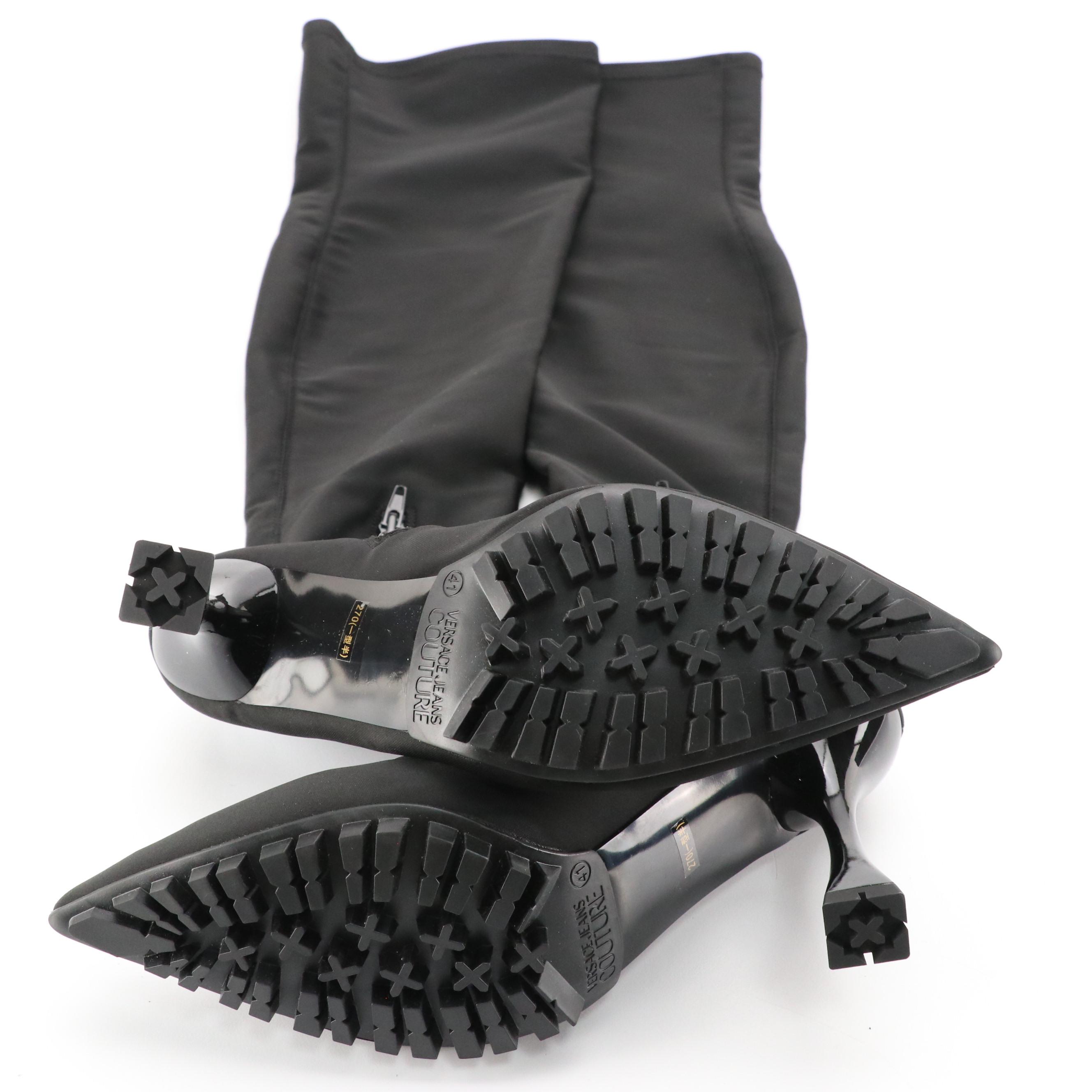 Versace Jeans Couture Logo Print Stretch Lycra Pointy-Toe Thigh-High Boots