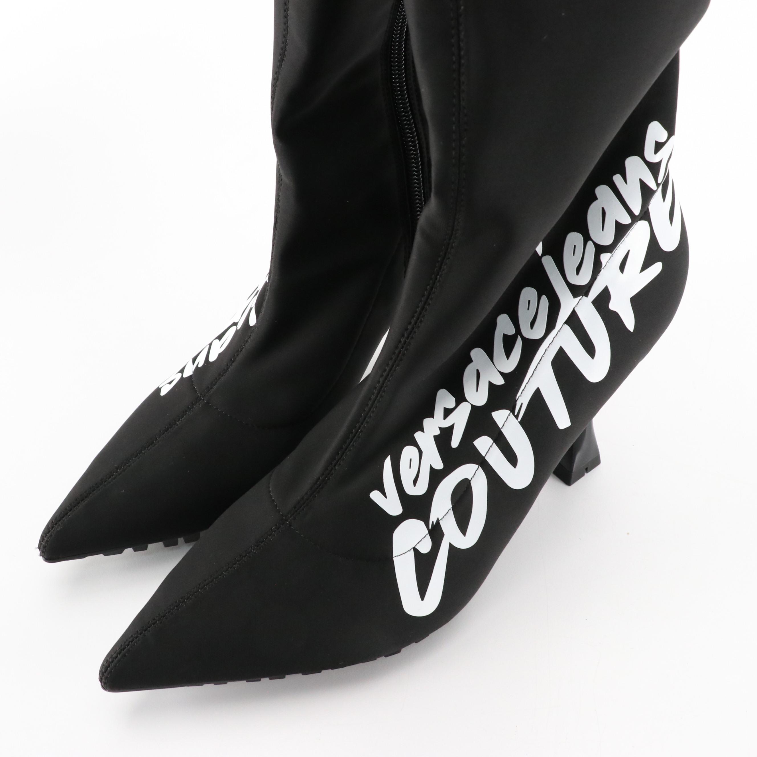 Versace Jeans Couture Logo Print Stretch Lycra Pointy-Toe Thigh-High Boots