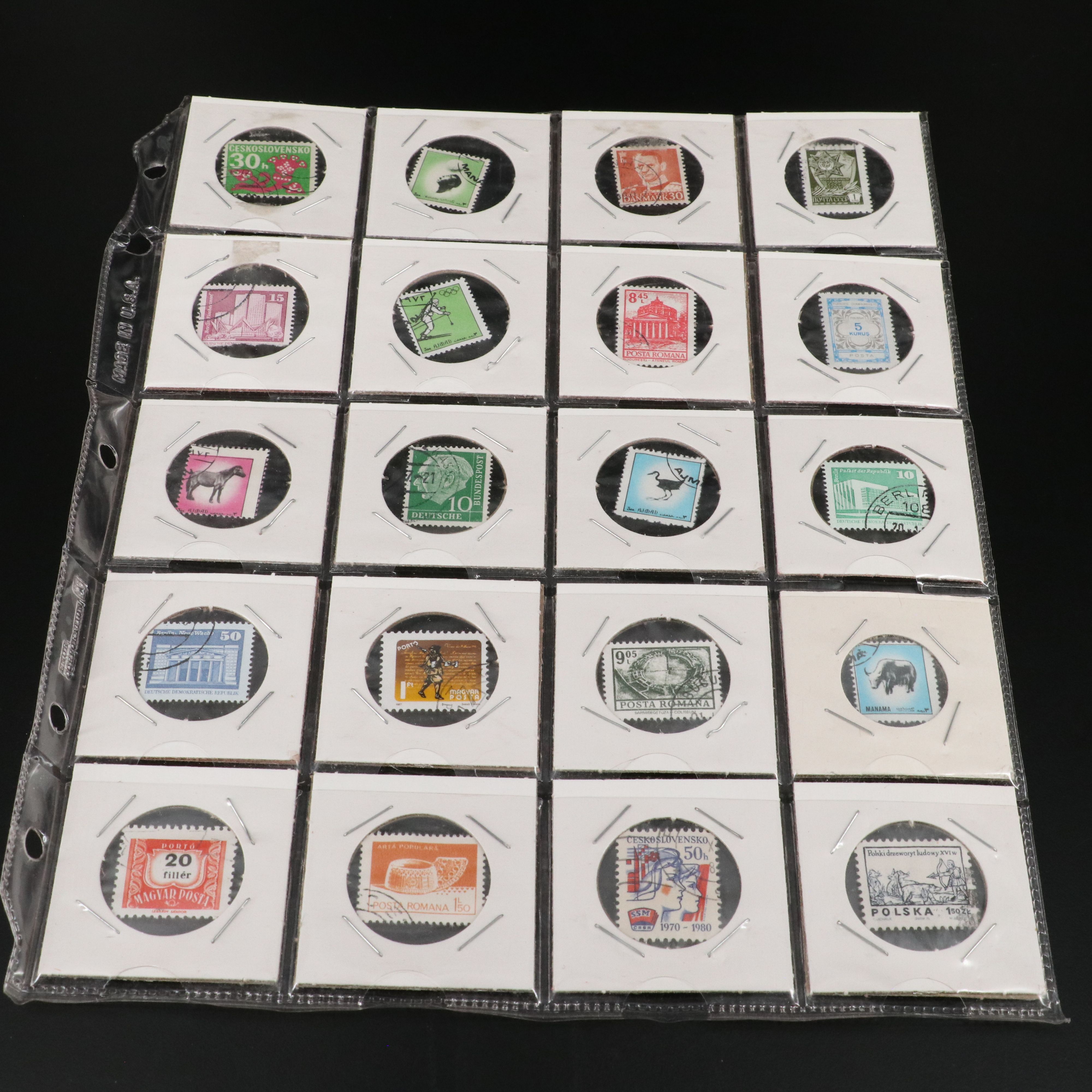 Four Album Pages of World and U.S. Postage Stamps