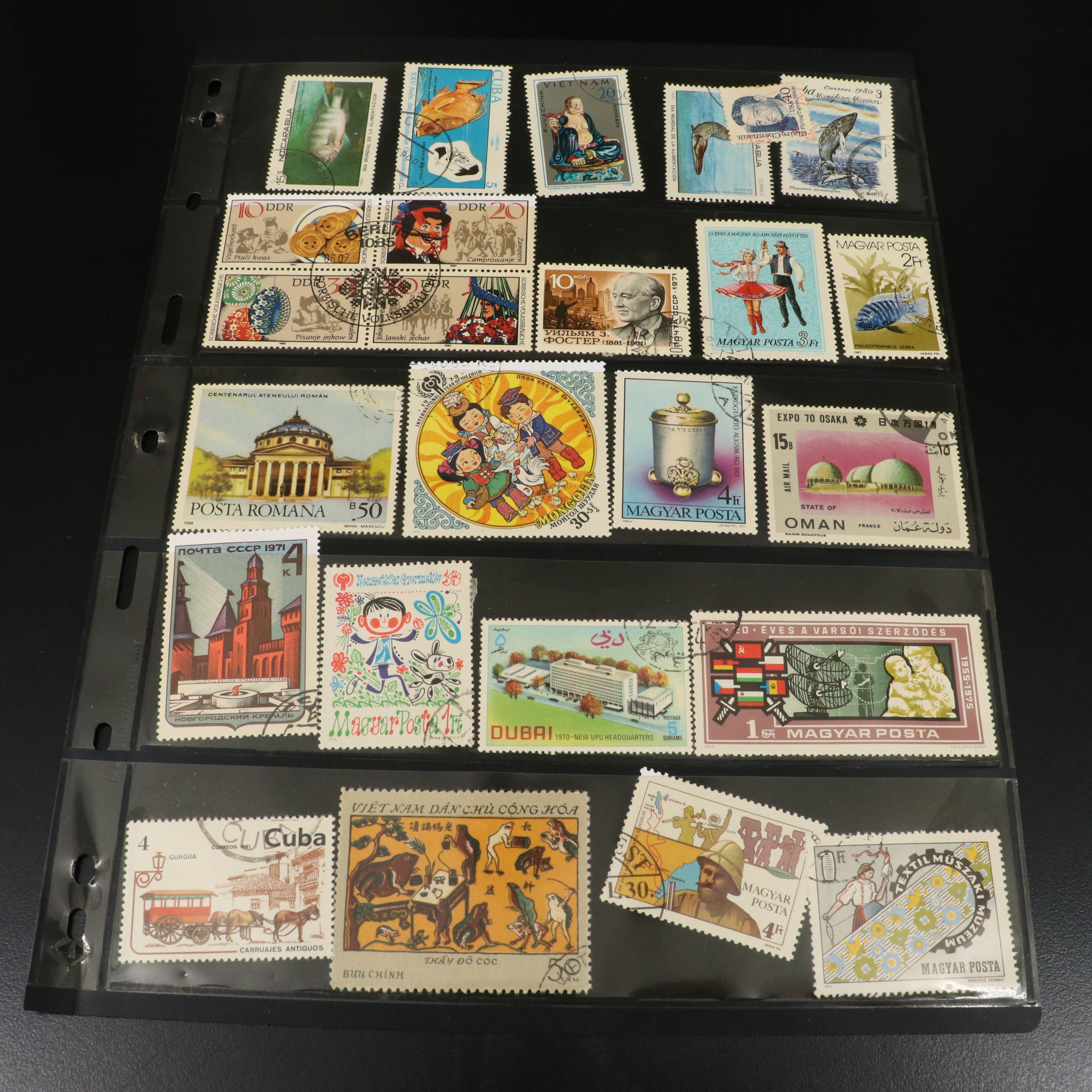 Four Album Pages of World and U.S. Postage Stamps