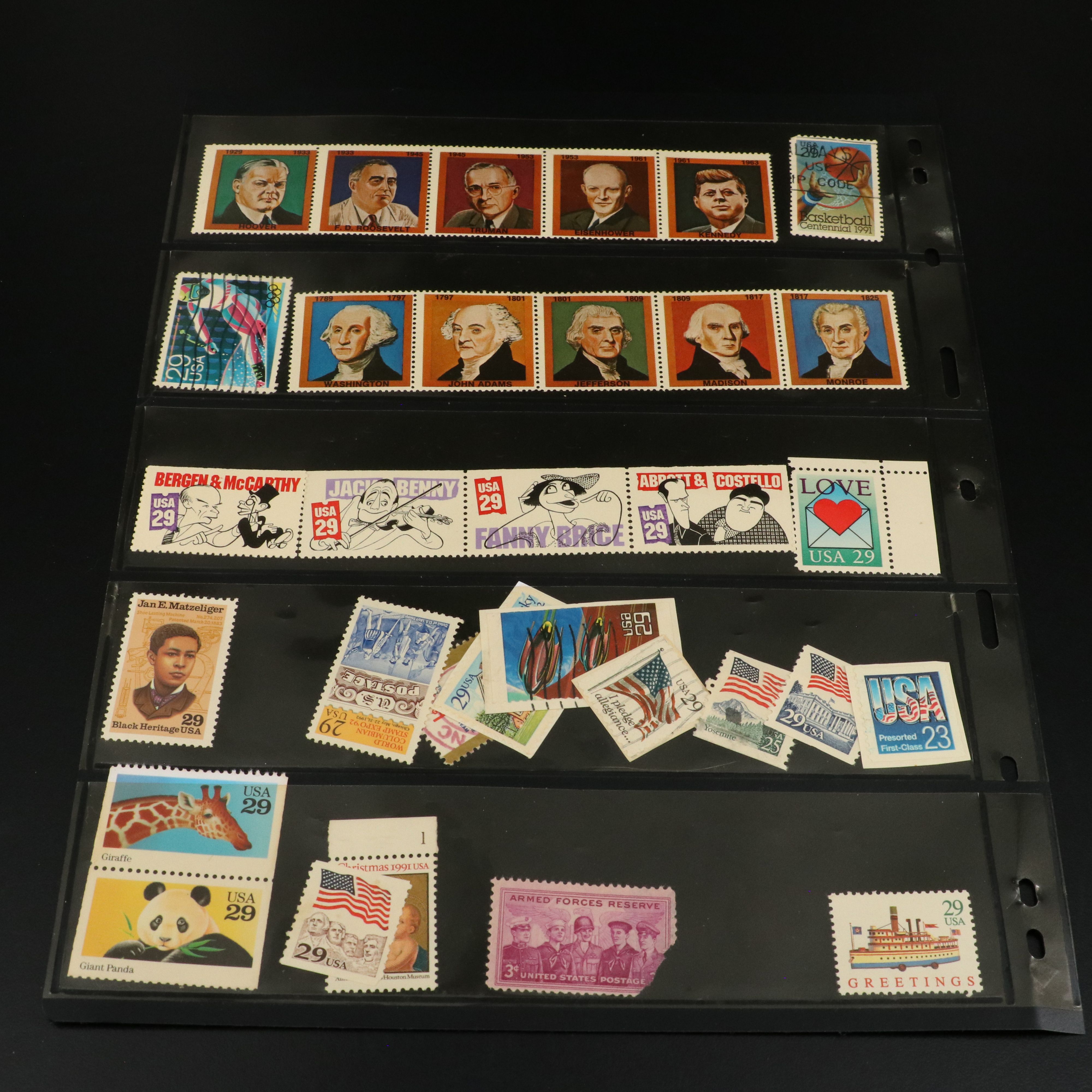 Four Album Pages of World and U.S. Postage Stamps